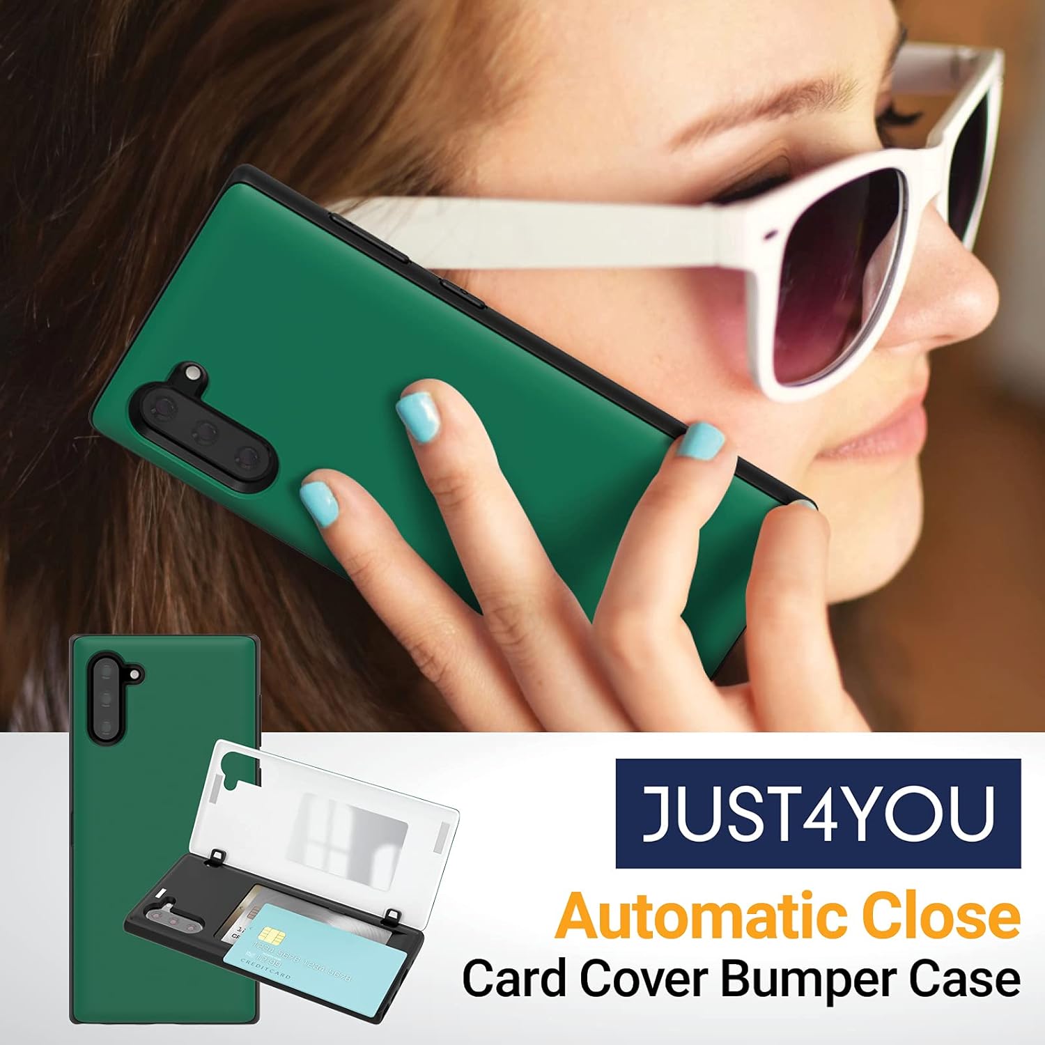 JUST4YOU Funda tipo cartera para Galaxy Note 10 con tarjetero Cierre magnético automático Cubierta de parachoques de espejo oculto (verde)