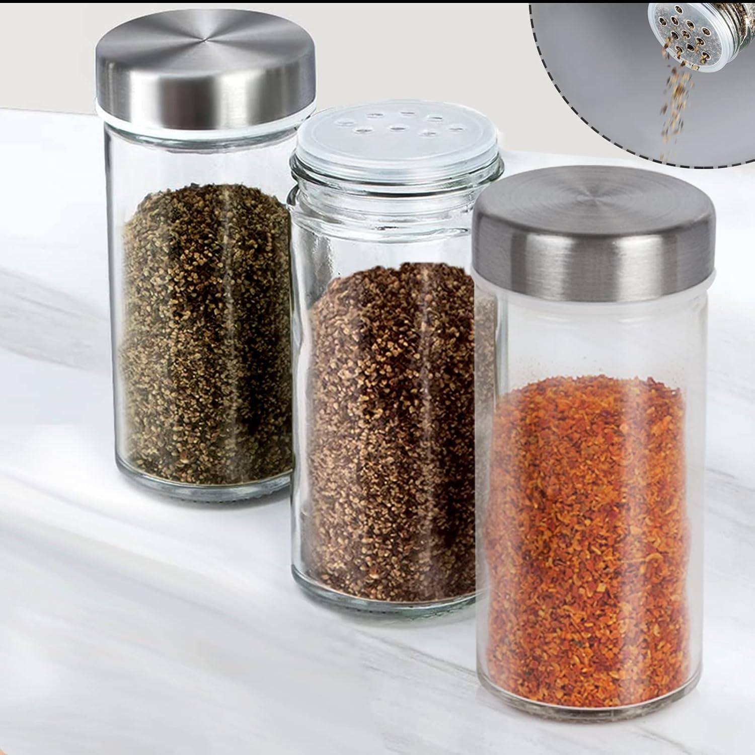 2 tarros de especias plateados, recipientes redondos vacíos de 3 onzas con tapas de metal herméticas con tapas de coctelera (2, transparentes)
