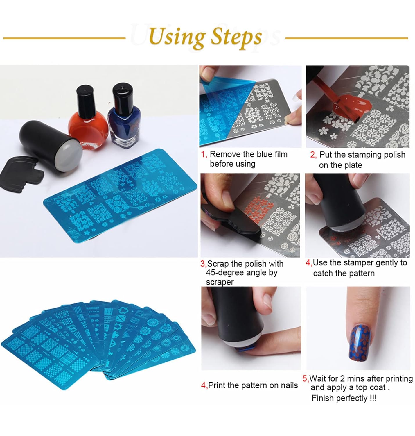 SILPECWEE 10 Uds. de placas de estampado de uñas, sello de uñas, placas de arte de uñas, diseño geométrico, plantillas de manicura, accesorios de