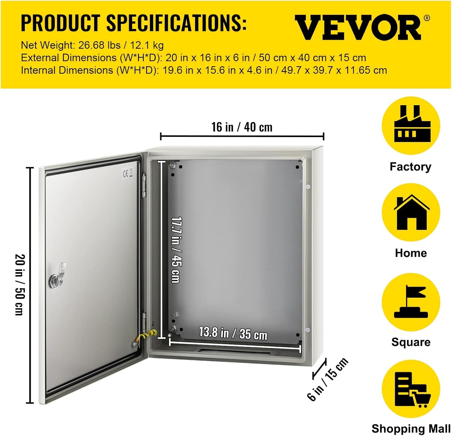 VEVOR NEMA Caja de acero de 20 x 16 x 6 pulgadas, caja eléctrica de acero NEMA 4X, IP66 impermeable y a prueba de polvo, caja de conexiones