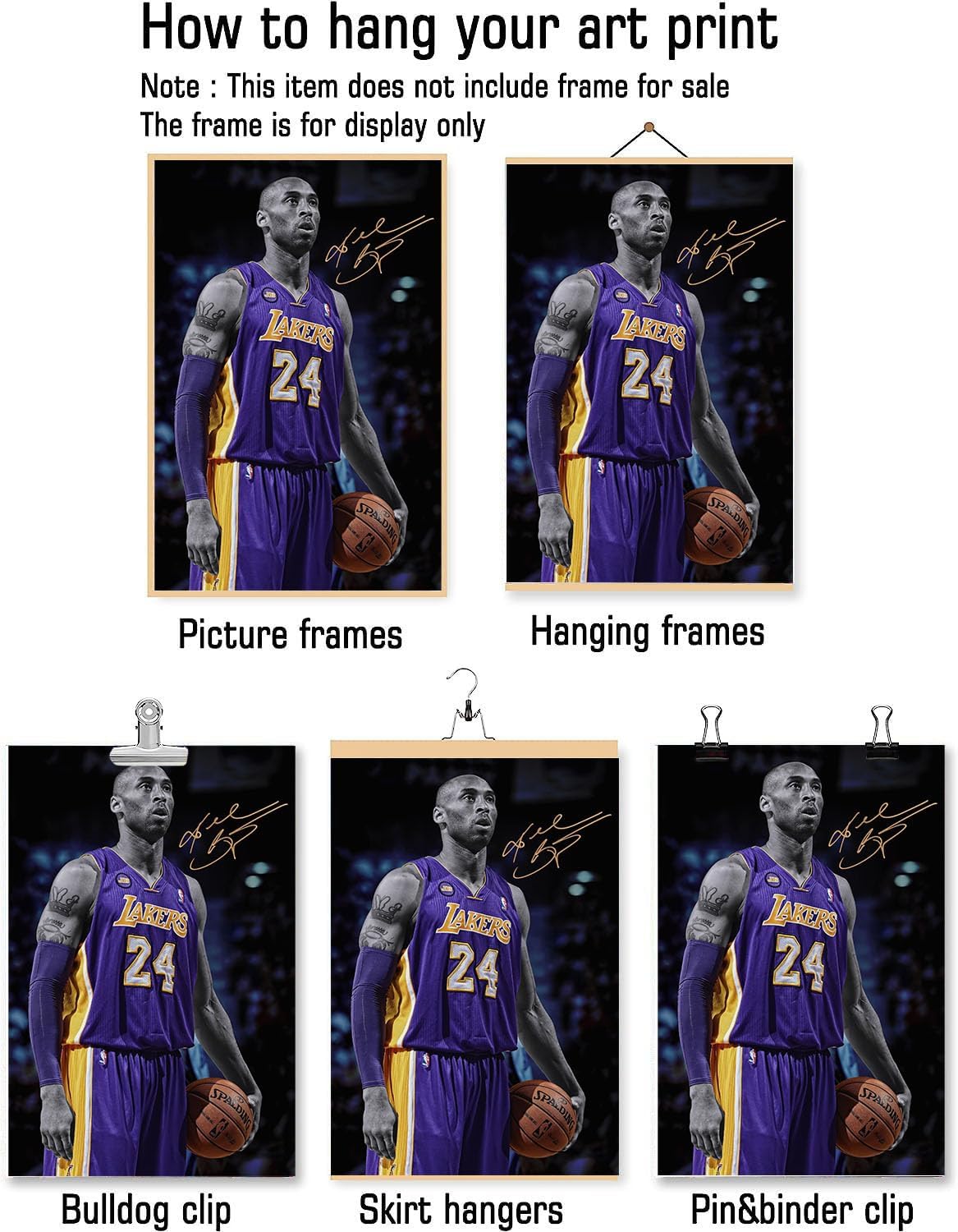 BREN Kobe Bryant – Póster de arte firmado con estrella de baloncesto y leyenda de baloncesto, arte de pared, sin marco, 12 x 18 pulgadas, para