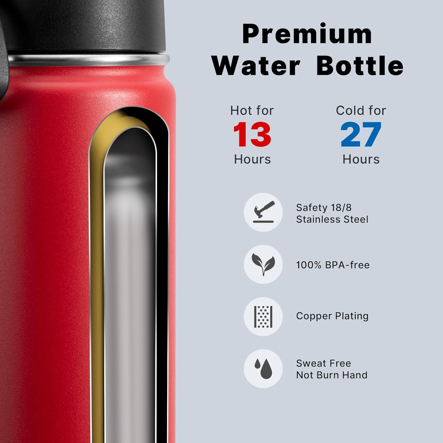 koodee Paquete de 2 botellas de agua de 22 onzas de acero inoxidable de doble pared aislada al vacío con pajilla, reutilizable, sin BPA (rojo cañón