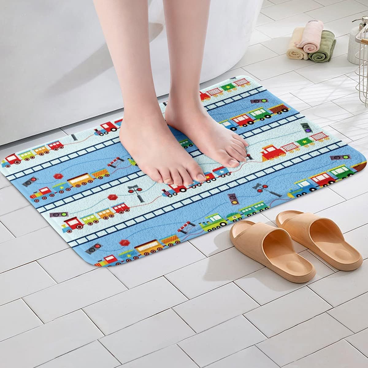 Erosebridal Alfombra de baño de tren colorido de 20 x 32 pulgadas, alfombra de vehículos multicolor de dibujos animados para niños, alfombra de baño