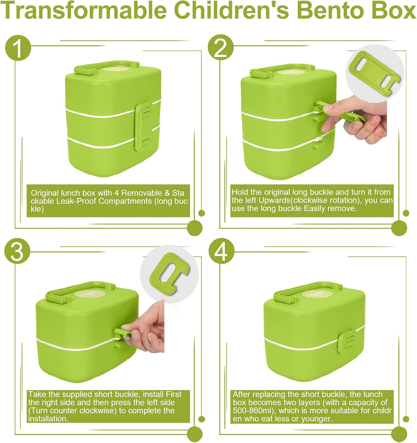 DOIOED Lonchera Bento para niños y niños pequeños, incluye calcomanía con nombre, caja Bento apilable a prueba de fugas con 4 compartimentos,