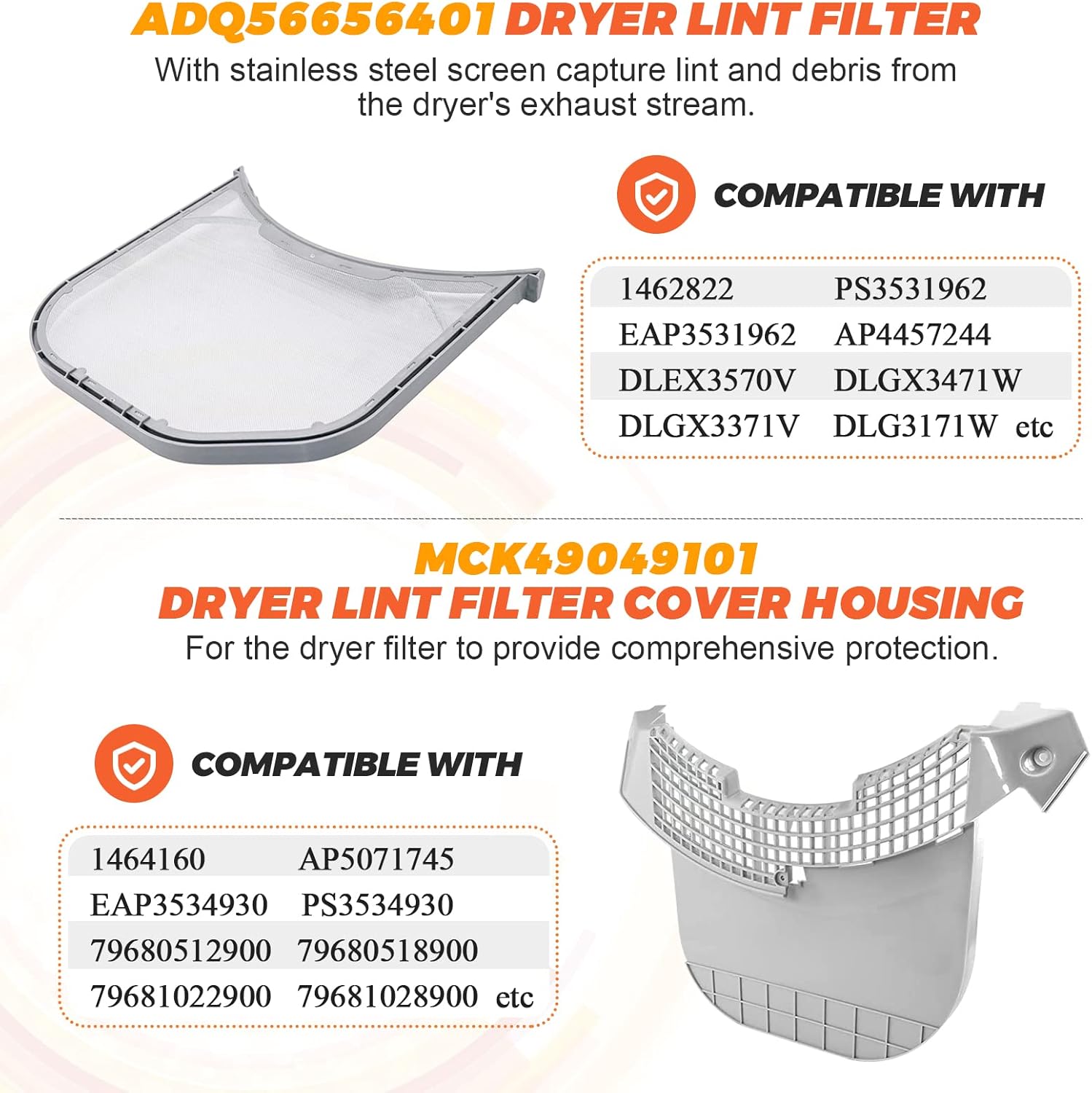 2 piezas MCK49049101 – Cubierta de guía de carcasa de filtro de pelusa para secadora con filtros de pelusa Adq56656401 Reemplazo de malla de acero