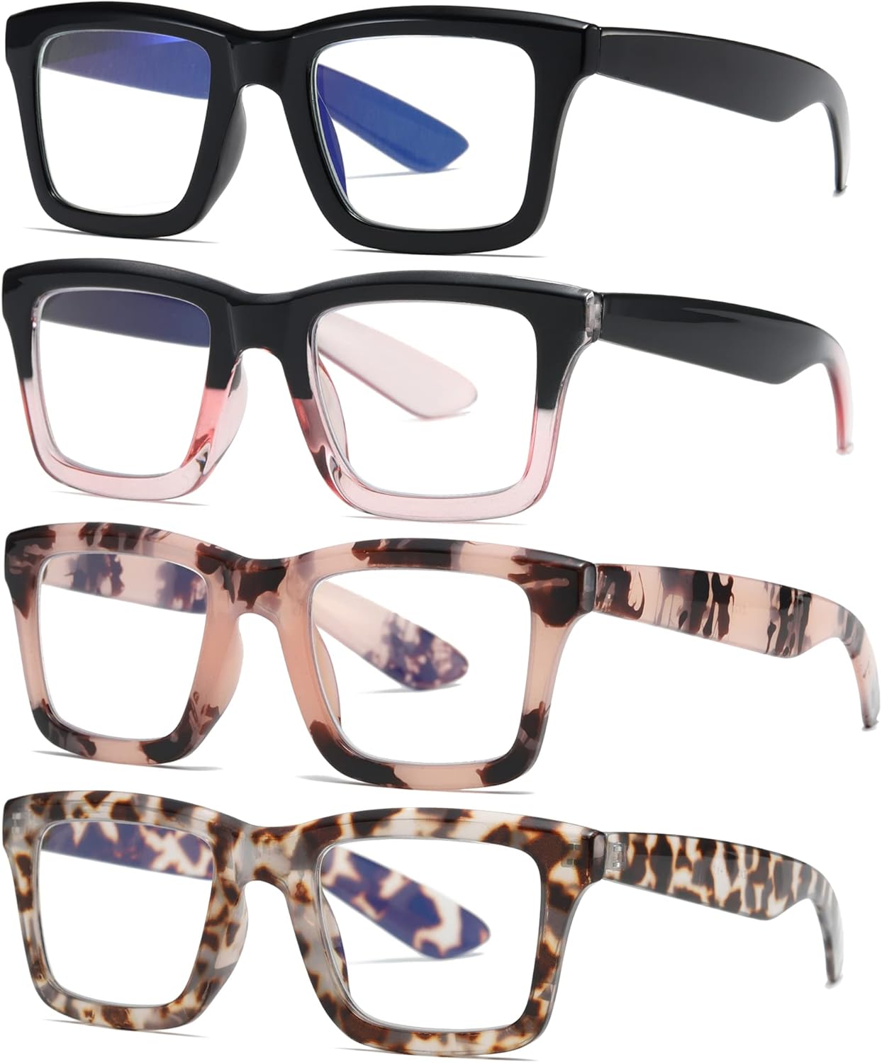 ZXYOO Paquete de 4 lentes de lectura estilo Oprah para mujeres y hombres con bloqueo de luz azul, para computadora, cuadrados, de metal