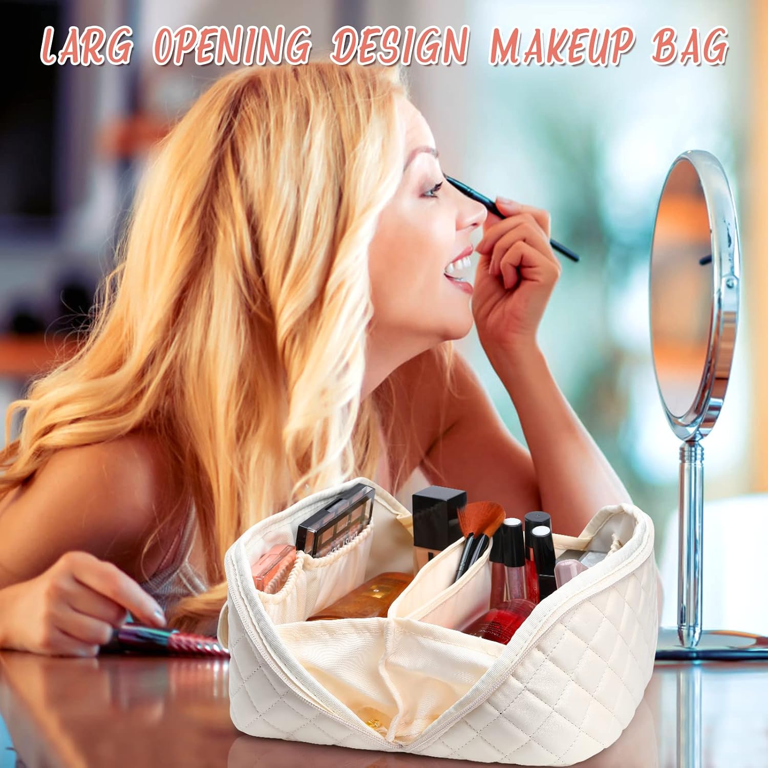 RUMIA Bolsa de cosméticos de viaje de gran capacidad, portátil, de cuero, impermeable, bolsa de maquillaje de viaje, bolsa de almacenamiento con