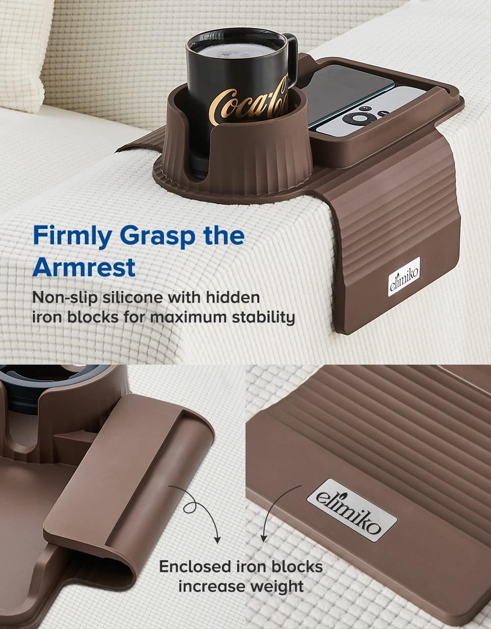 Elimiko – Bandeja para portavasos de sofá, de silicona, con soporte grande para tazas y bandeja, para tazas de gran tamaño, control remoto largo,