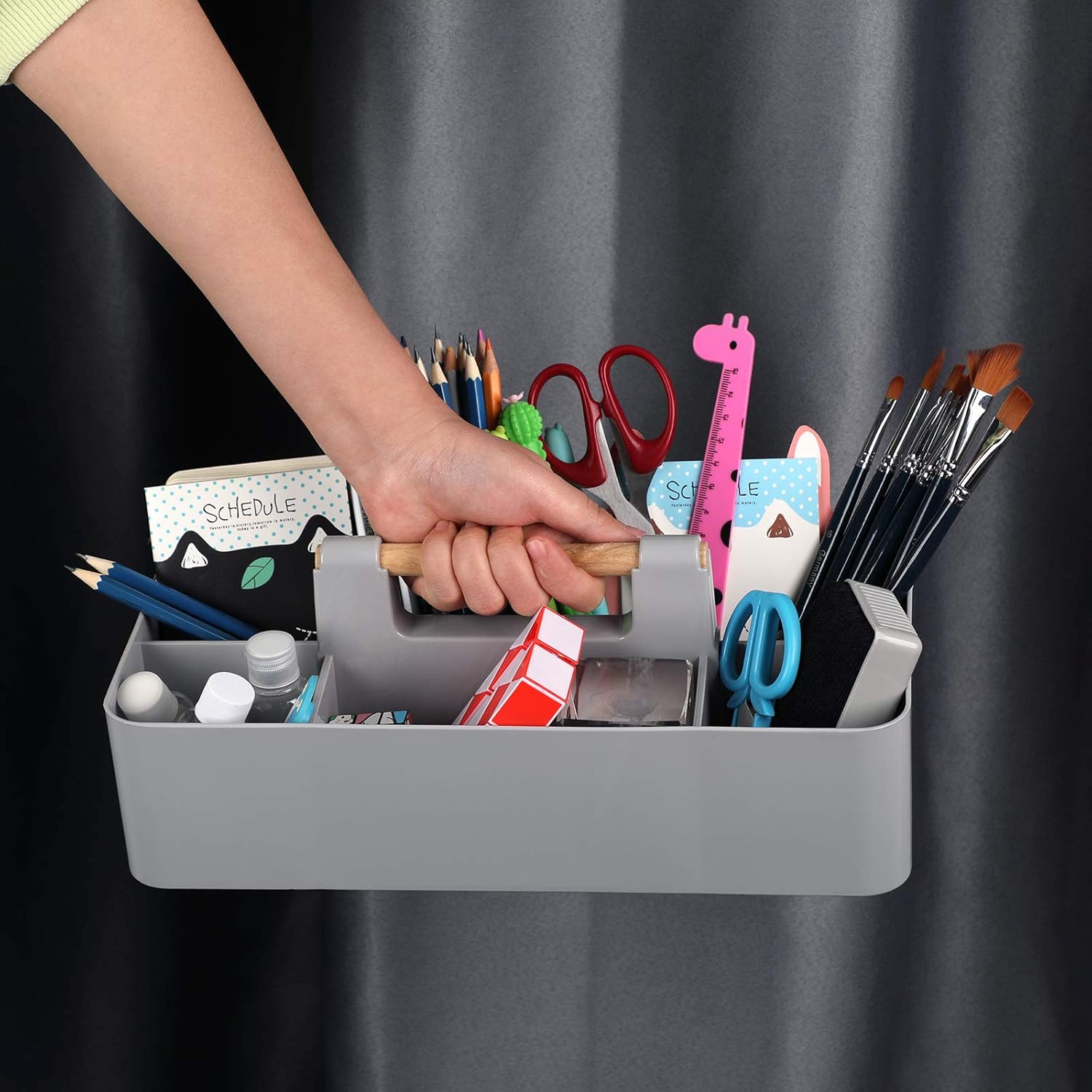 BTSKY Organizador de almacenamiento portátil de plástico apilable, organizador de almacenamiento dividido para manualidades con mango de madera para