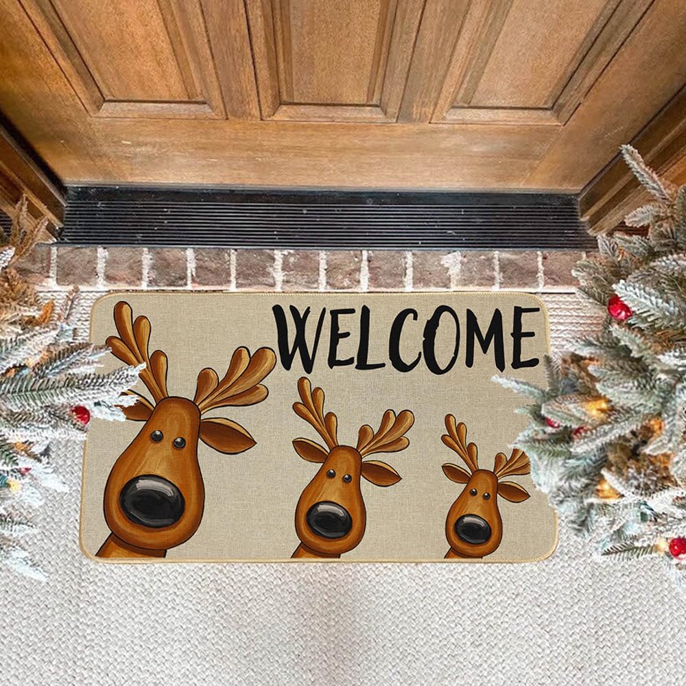 Tapete de bienvenida con ciervos de Navidad, 17 x 29 pulgadas, tapete decorativo de invierno de temporada, antideslizante y lavable, para interiores