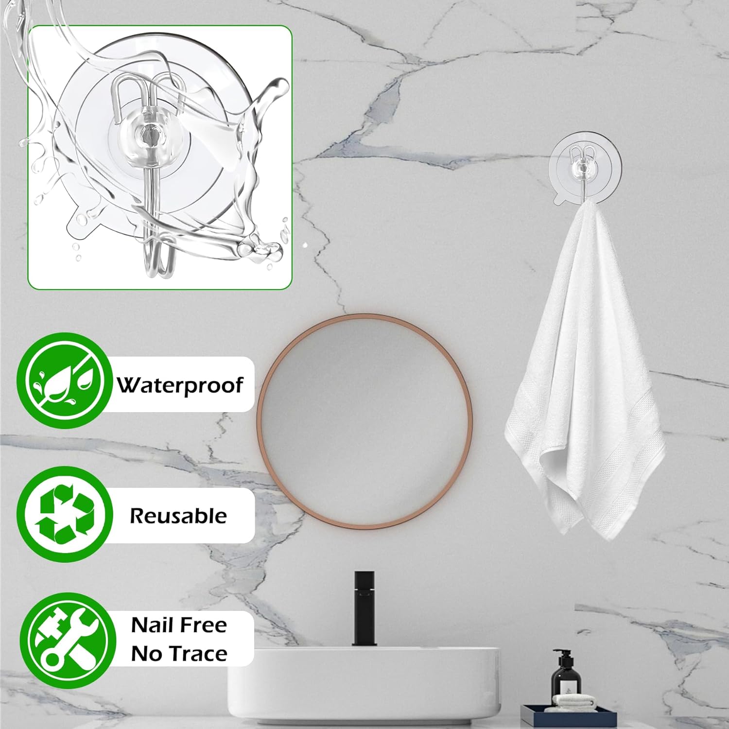 KY&BOSAM Ganchos de ventosa resistentes de PVC transparente con ganchos de metal para ventanas exteriores, interiores, árboles, patio, llaves, baño,