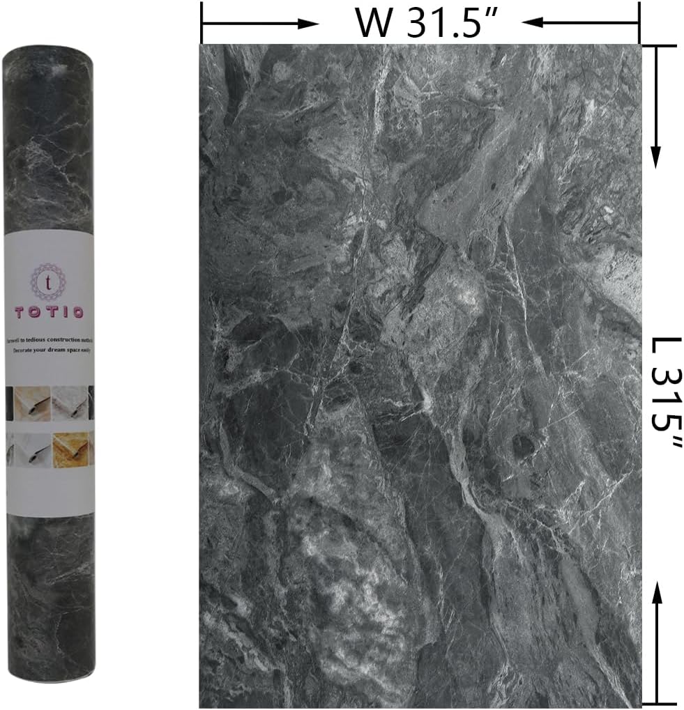 TOTIO Papel tapiz de mármol gris ultra ancho de 31.5 x 315 pulgadas, adhesivo mate grueso, impermeable, granito gris oscuro, textura de granito,