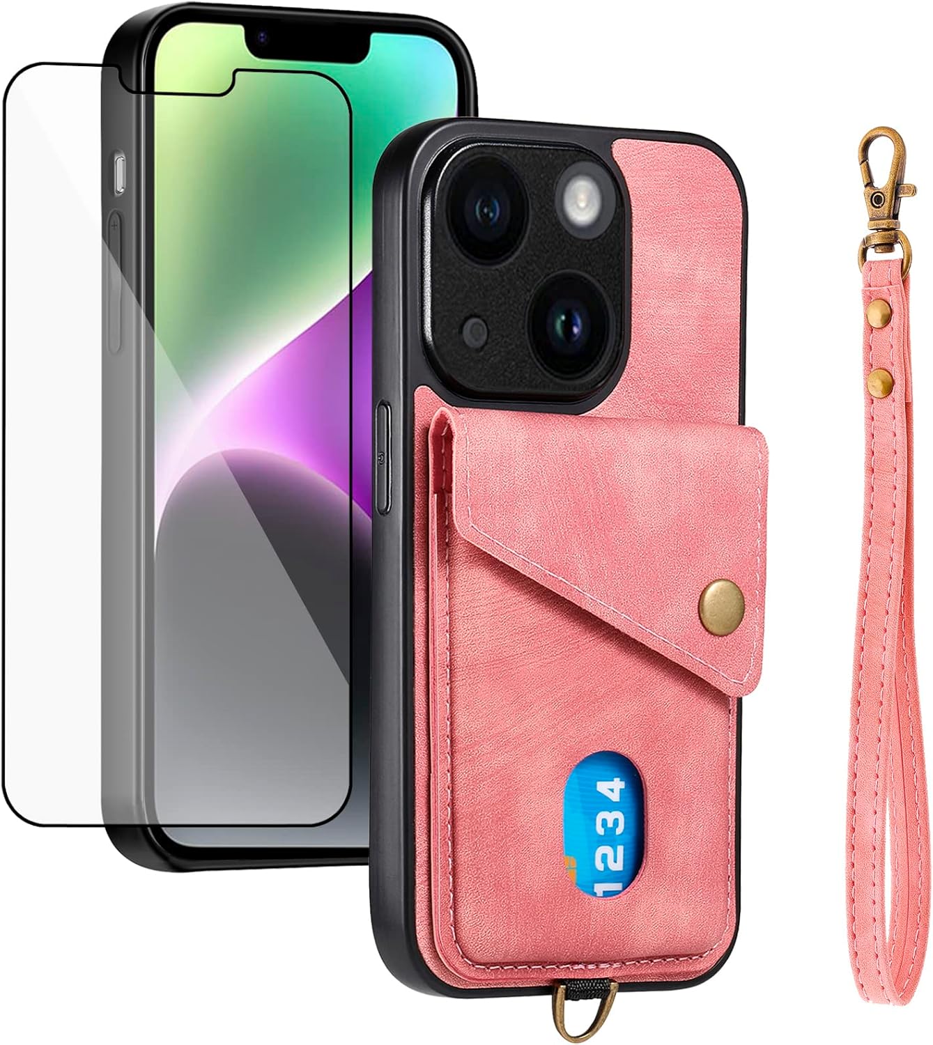 Asuwish Funda de teléfono para iPhone 14 de 6.1 pulgadas con protector de pantalla de vidrio templado y correa para la muñeca, soporte para tarjeta