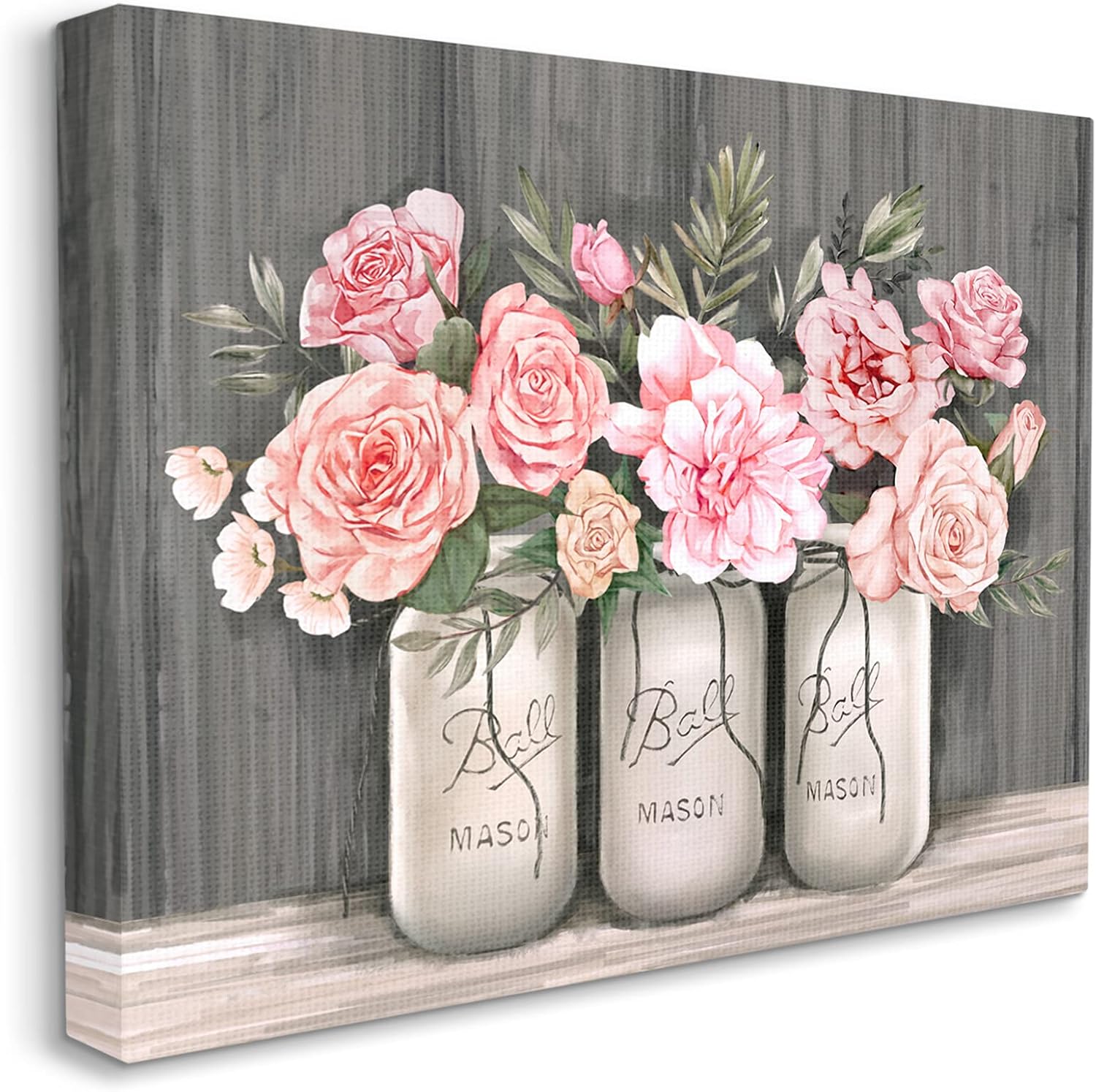 Stupell Industries Ramos de rosas rosadas en flor en frascos rústicos, diseñados por Ziwei Li, lienzo para pared, color gris, 24 x 30 pulgadas