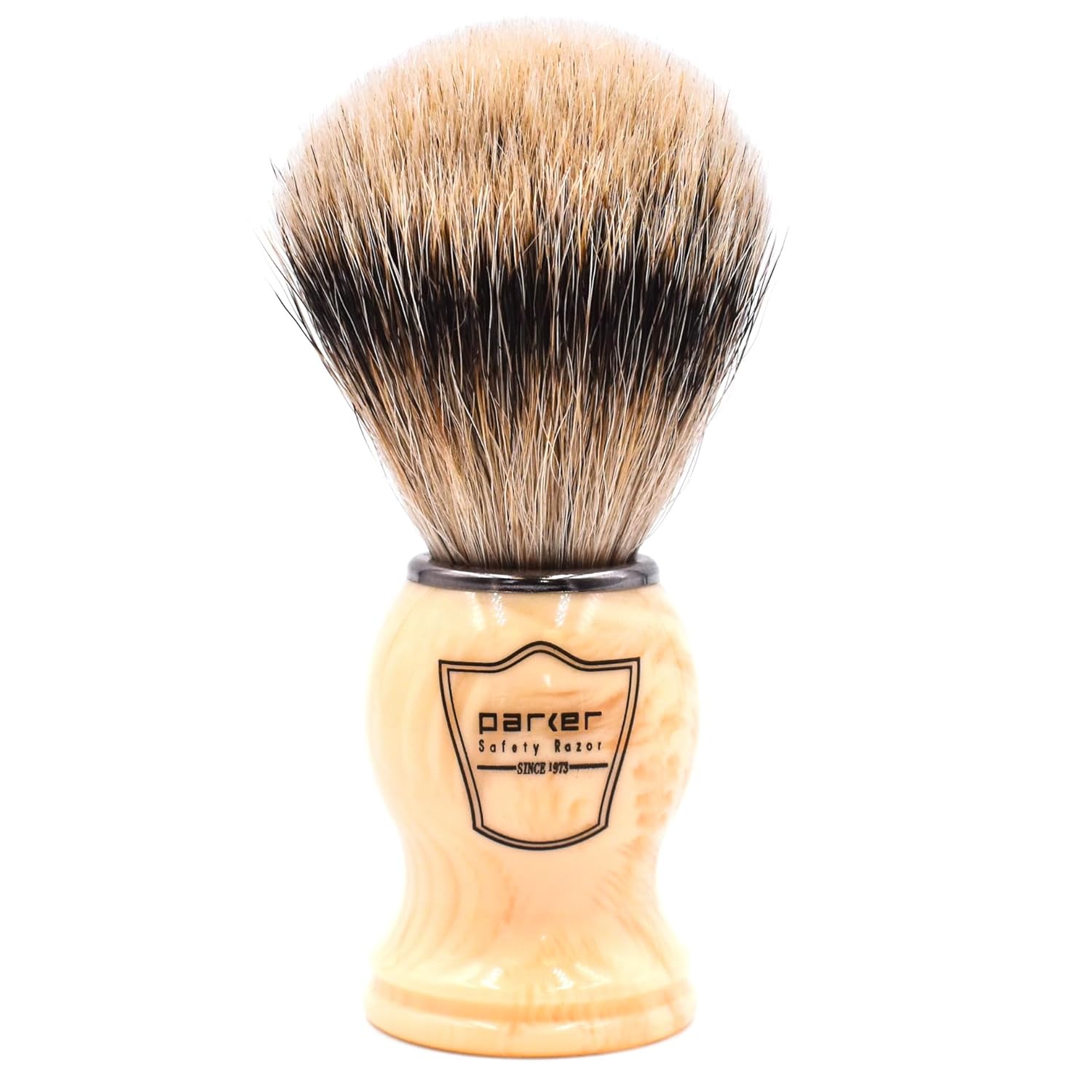 Parker’s – Brocha de afeitar 100% de cerdas de tejón Silvertip – Soporte para cepillo incluido (mango blanco)