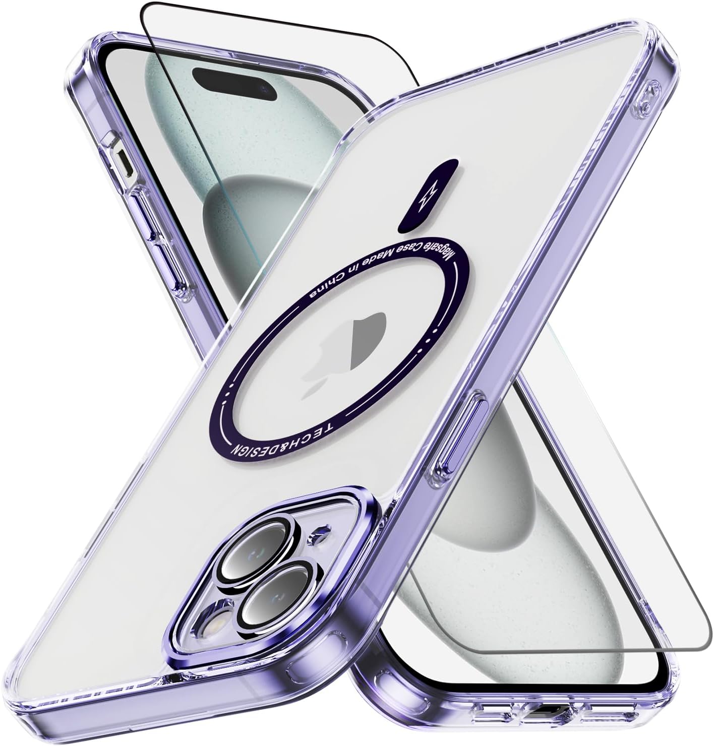 Funda para iPhone 15 Plus con protector de pantalla compatible con MagSafe Diseño transparente magnético Anti amarillamiento Antideslizante Bonita