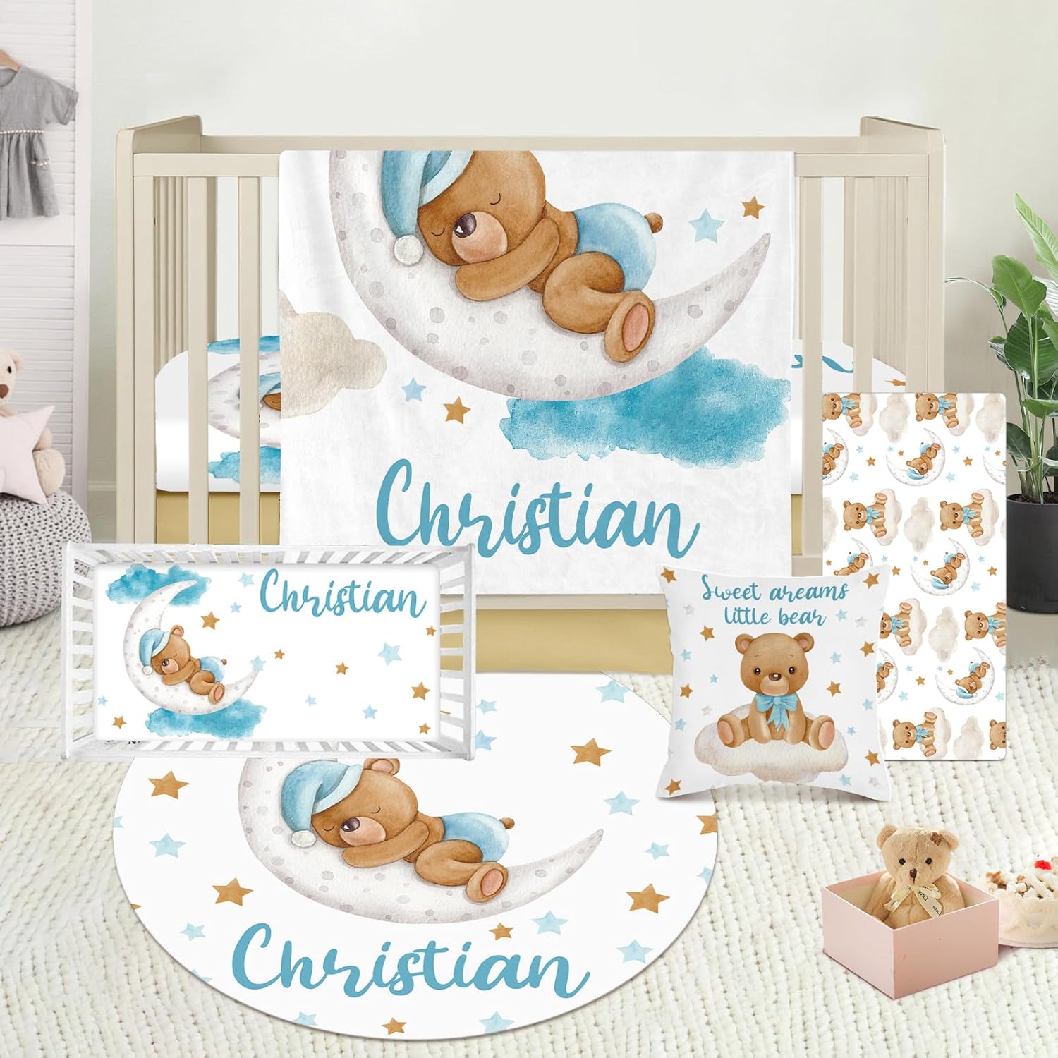 Juego de ropa de cama personalizado para cuna juego de guardería con nombre personalizado y tema impreso, juego de cuna de 5 piezas suave y seguro