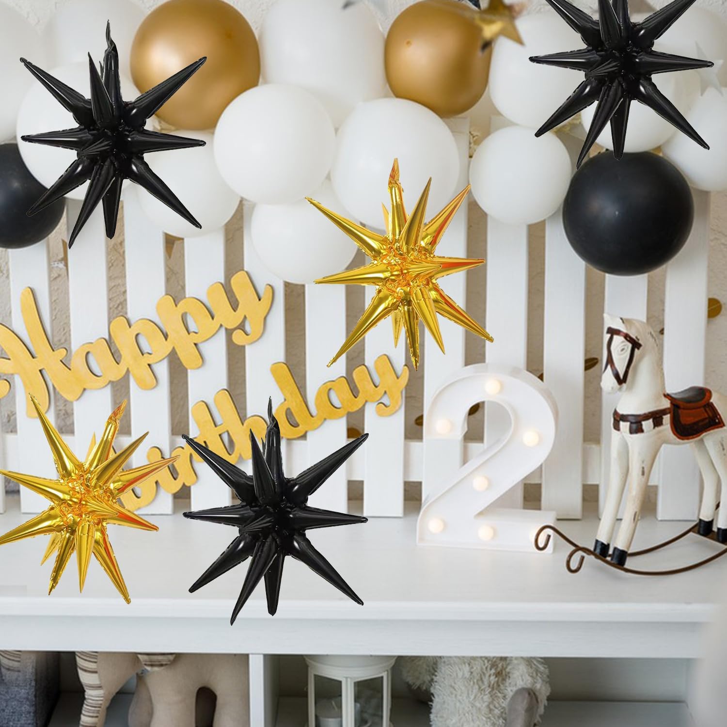 6 globos de papel de aluminio con forma de estrella, de una sola pieza, globos de estrella de 14 puntas 4D, conos de estrella de Mylar de 22