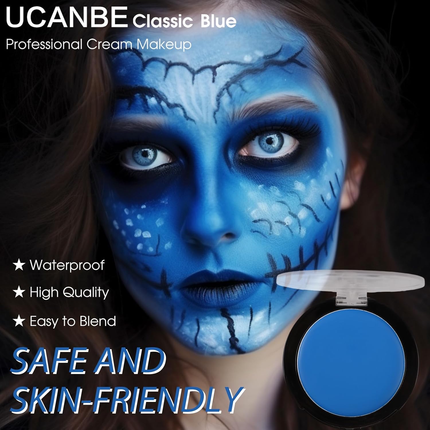 UCANBE Base de maquillaje azul para la cara y el cuerpo, paleta profesional no tóxica de pintura de grasa para fiestas de niños y adultos, pinturas