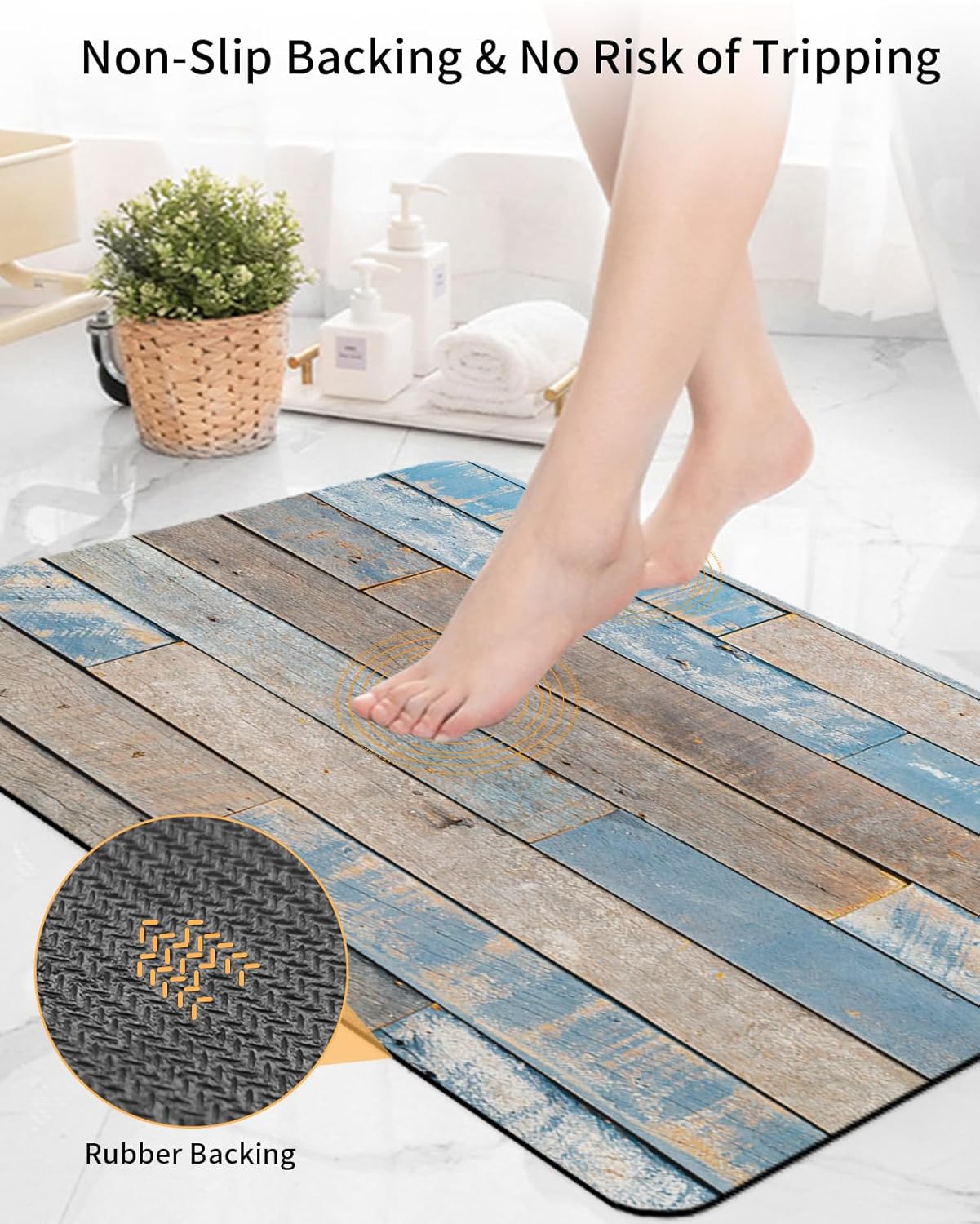 Tapete de baño de diatomeas, estilo retro campestre azul y marrón, tablón de madera, grano de madera, tapete delgado absorbente de baño de secado
