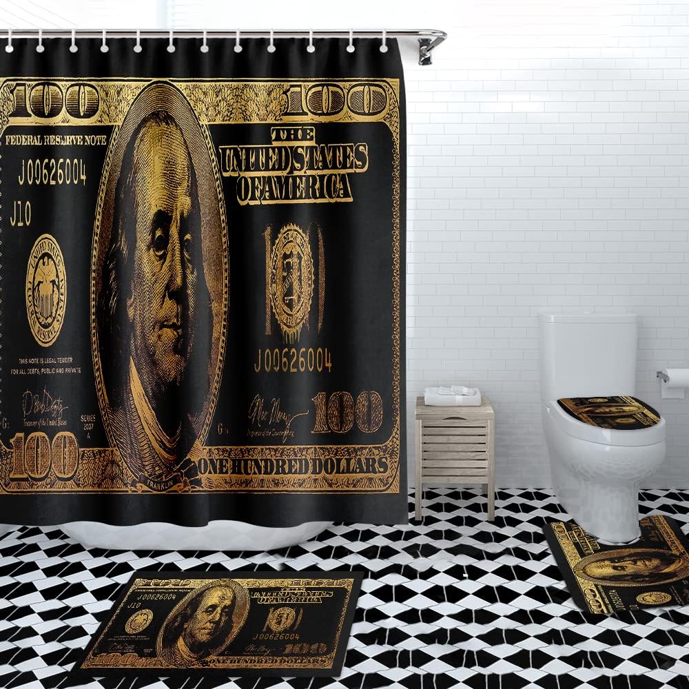 GUBIYU Juego de baño de billetes de 100 dólares de oro negro con cortina de ducha y alfombras de billetes, accesorios de baño geniales 4 piezas