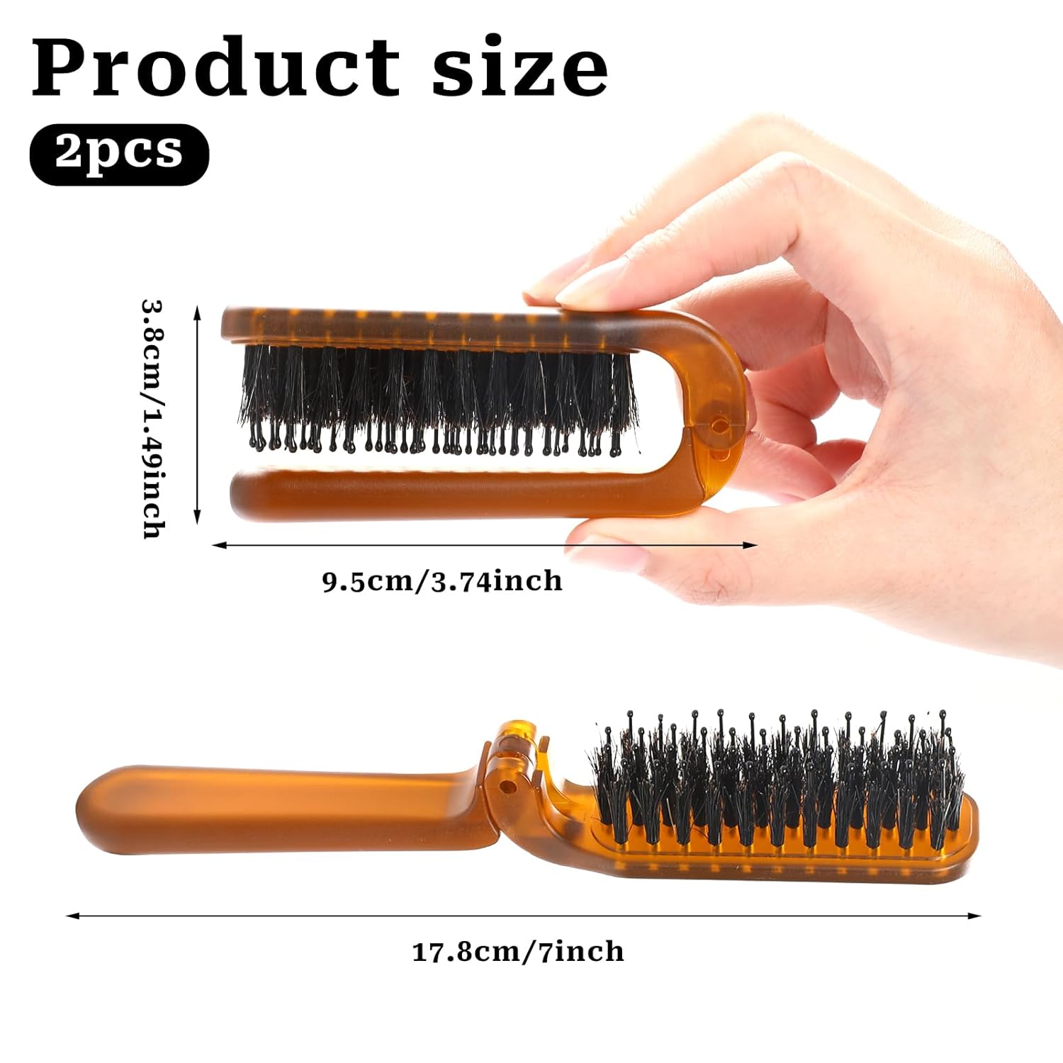 Paquete de 2 cepillos plegables para el cabello, cepillo de tamaño de viaje con cerdas naturales de jabalí y pasadores de nailon, cepillo pequeño