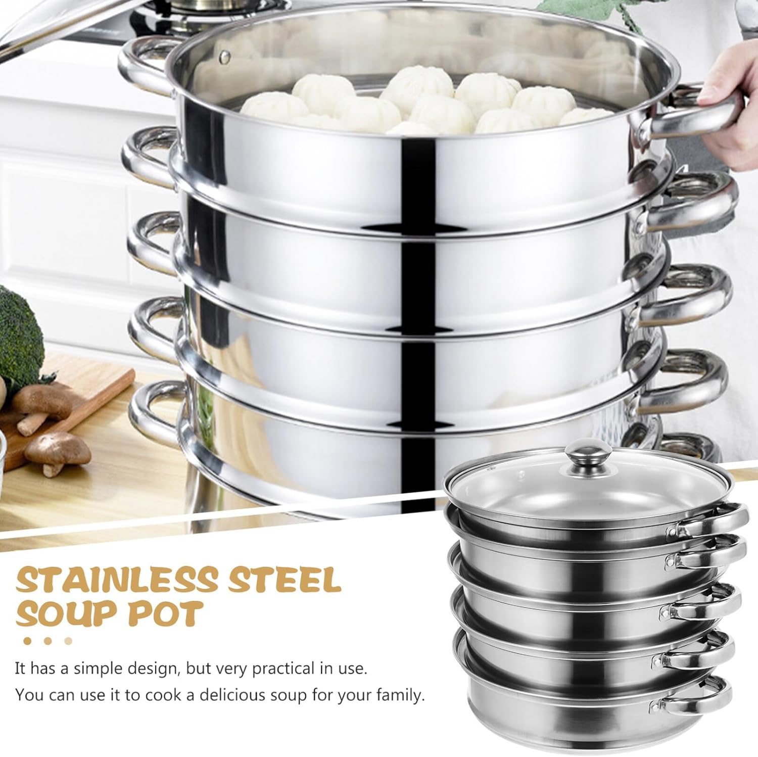 Angoily Vaporizador de alimentos Verduras asiáticas Olla grande Olla de sopa grande Ollas Utensilios de cocina Juegos de vapor para cocinar