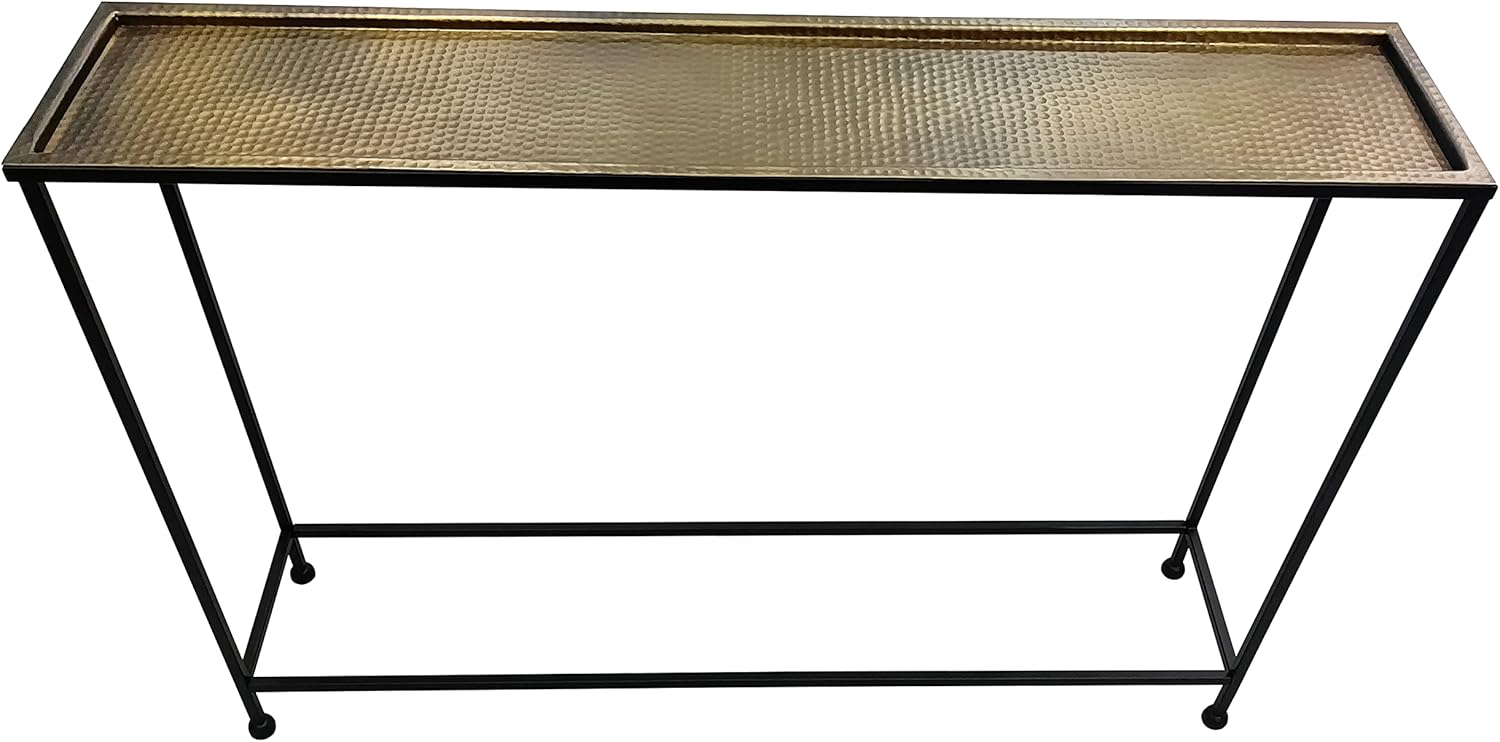 The Urban Port Aurelia – Mesa de sofá consola de 48 pulgadas, bandeja de bronce antiguo martillada artesanal, marco industrial de hierro negro