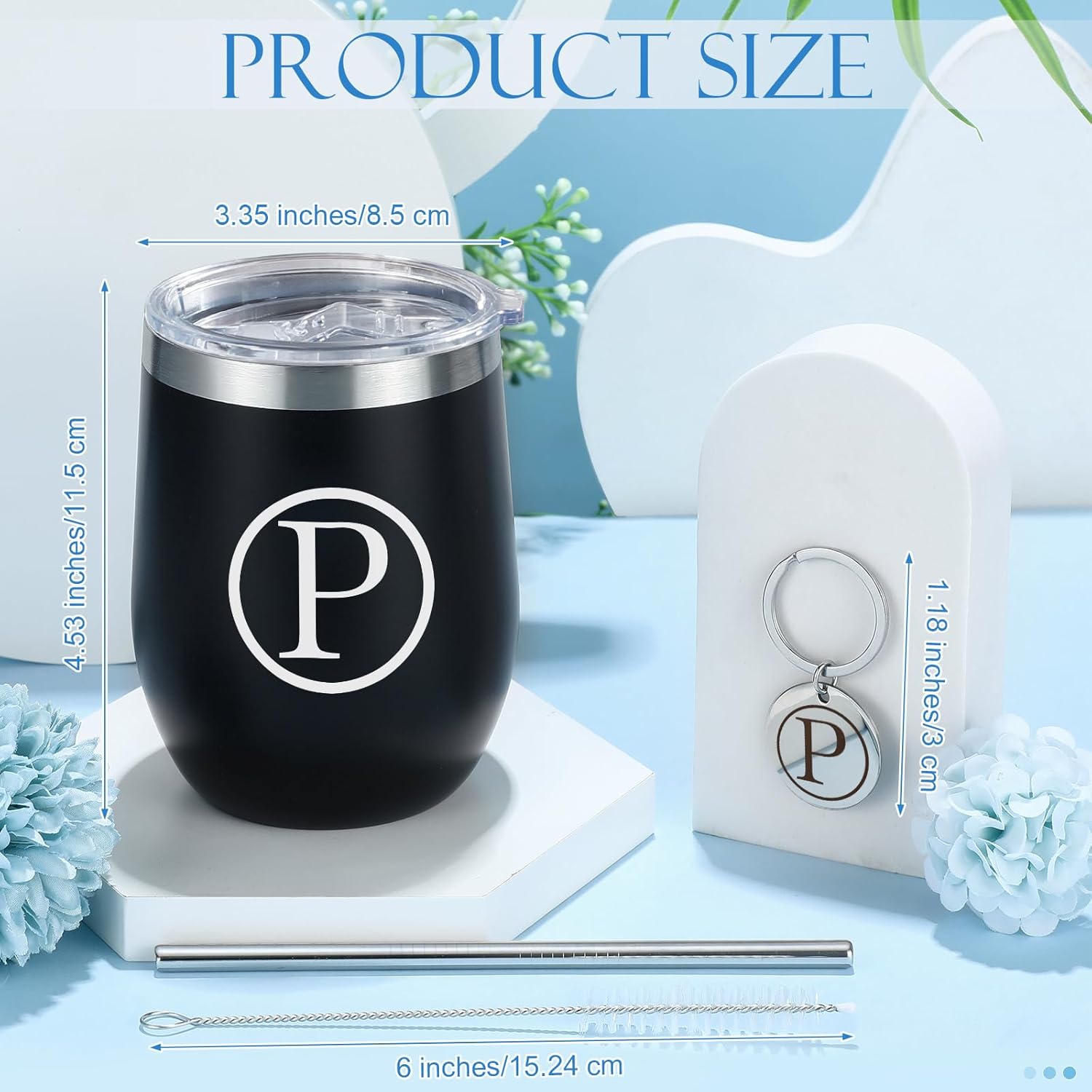 Dandat Vaso de vino personalizado, regalos con llavero personalizado, taza inicial de viaje de acero inoxidable negro de 12 onzas con tapa y popote