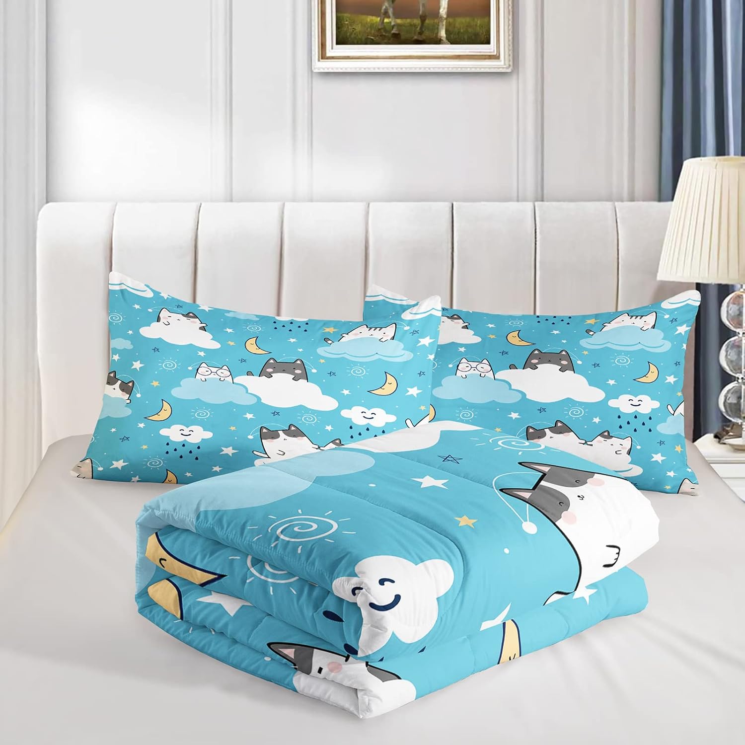 QOOMO Edredón de gato tamaño individual, juego de edredón de gatos de nube azul para niños, adolescentes, niñas, niños, juego de ropa de cama