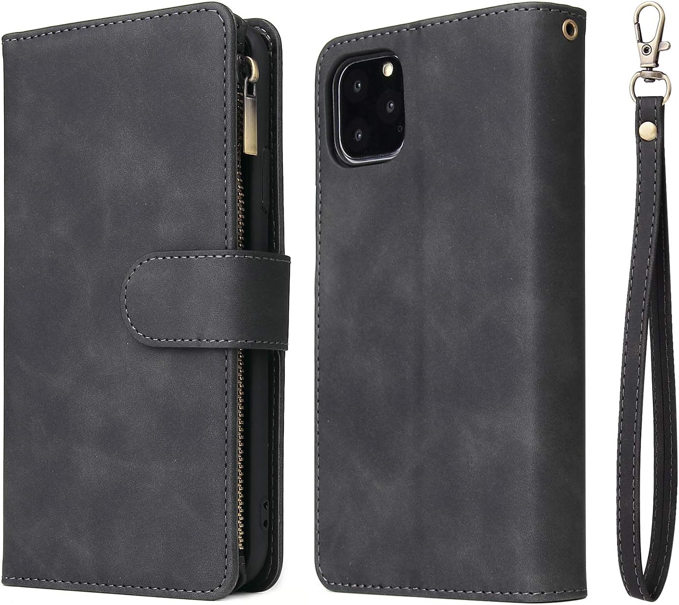 UEEBAI Wallet Case for iPhone 11 6.1 inch, Premium Vintage PU Leather Magnetic Closure Handbag Zipper Pocket Case Kickstand Card Slots with Wrist