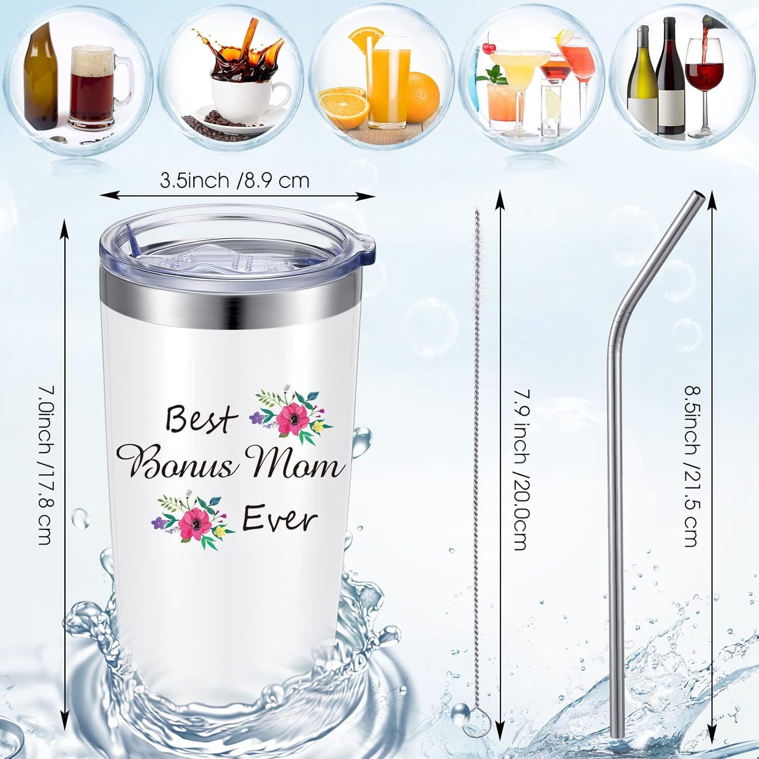 Best Ever Mom – Vaso de 20 onzas con tapa, cepillo para popote y caja de regalo (color blanco)