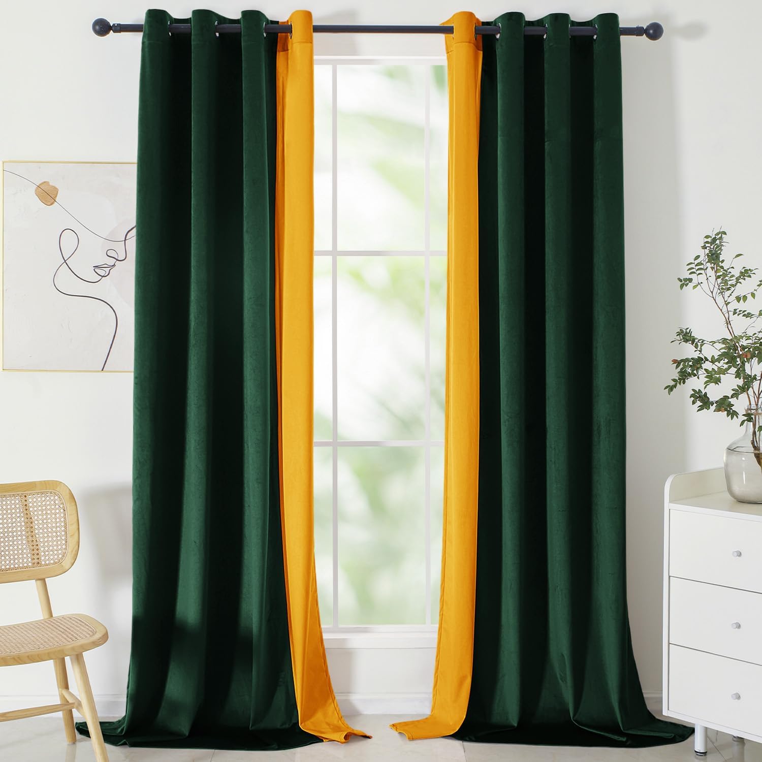 Cortinas de terciopelo para dormitorio, color verde y naranja, 52108 pulgadas, suaves, opacas, con aislamiento térmico, tratamiento de ventana para