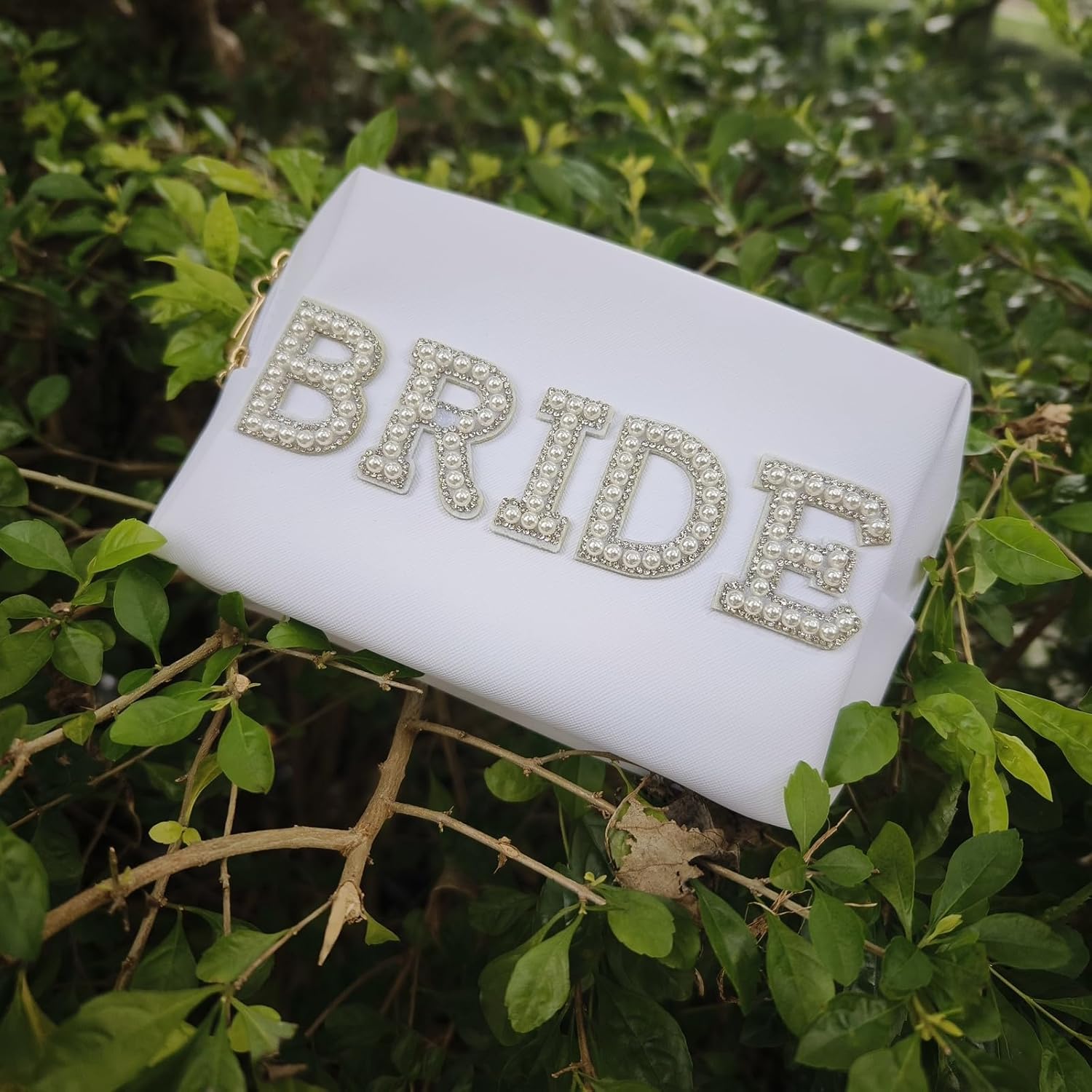 Bride Patch MRS – Bolsa de cosméticos para mujer, bolsa de maquillaje con letras de diamantes de imitación para mujer, portátil, pequeña, de piel