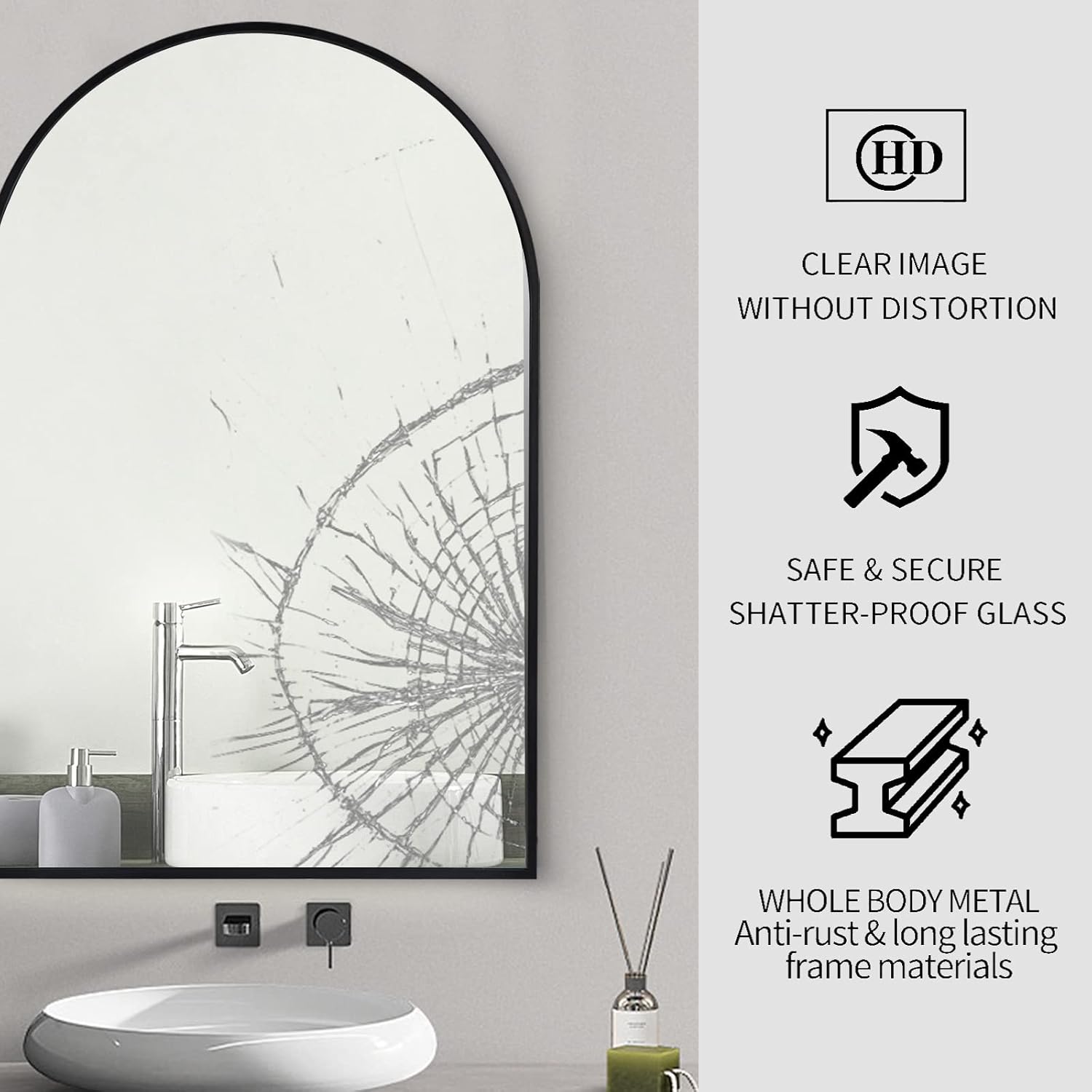 HOWOFURN Espejo de pared arqueado de 20 x 30 pulgadas, decoración de pared, con espejo de marco de metal para baño, dormitorio, entrada, espejo de