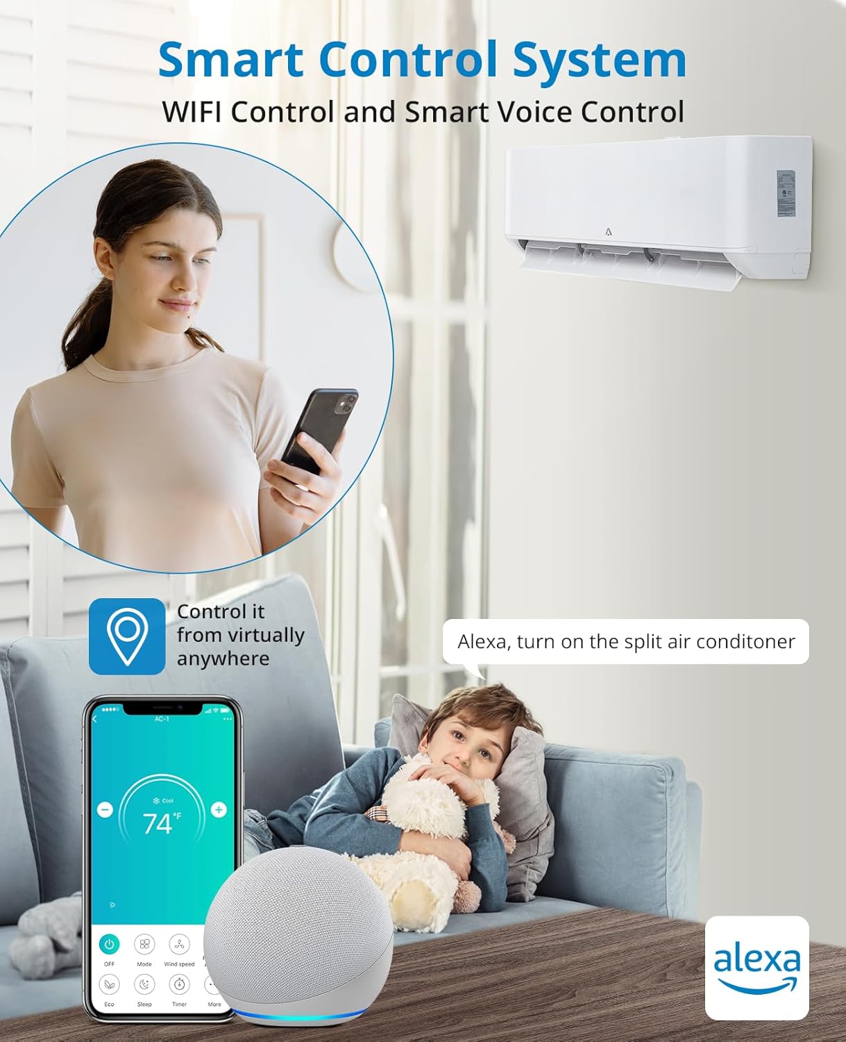 Inversor de aire acondicionado de sistema dividido de 12,000 BTU, sistema de calefacción de aire acondicionado dividido 23 SEER, enfría habitaciones
