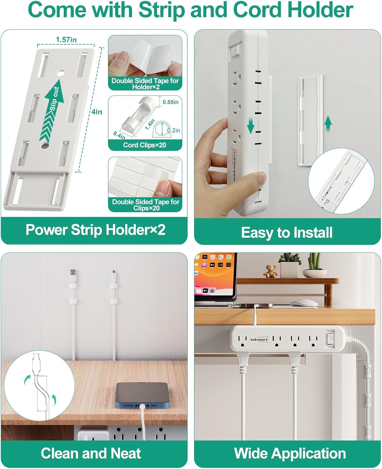 Cable de extensión plano de 20 pies, múltiples tomacorrientes, protector de sobretensiones, 8 salidas de CA, 3 USB de carga rápida (3.4 A 17 W),