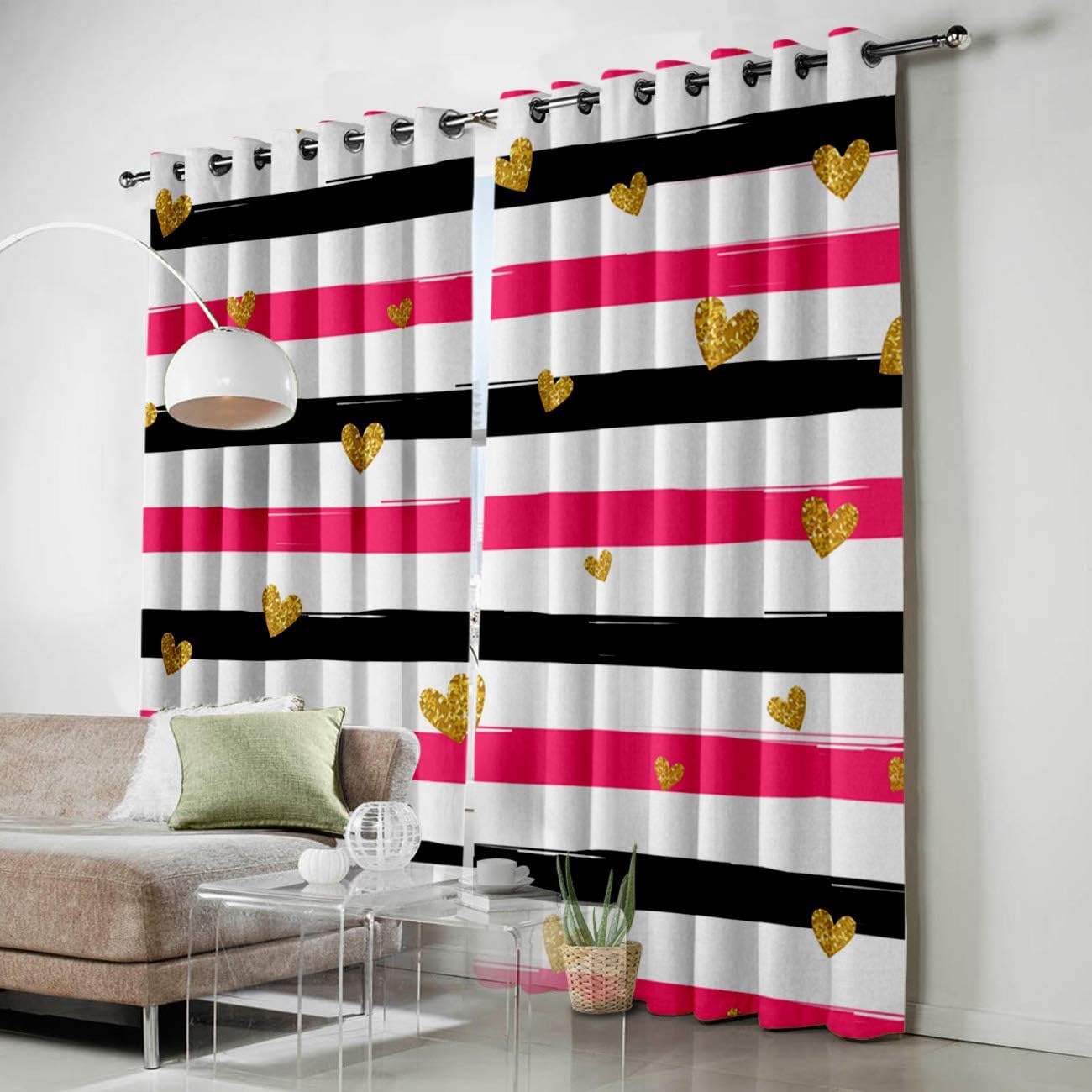 Blackout Curtains Thermal Insulated Pink Black White Stripes Gold Heart Shape Solid Pattern Metal Grommet Elegant Room Drapes Window Curtain for
