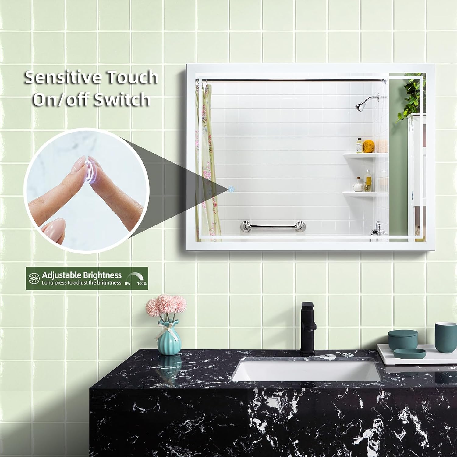 Homebay Espejo de baño de 24 x 32 pulgadas con luz, espejo de baño regulable continuo, espejo de pared con luces delanteras y retroiluminación,