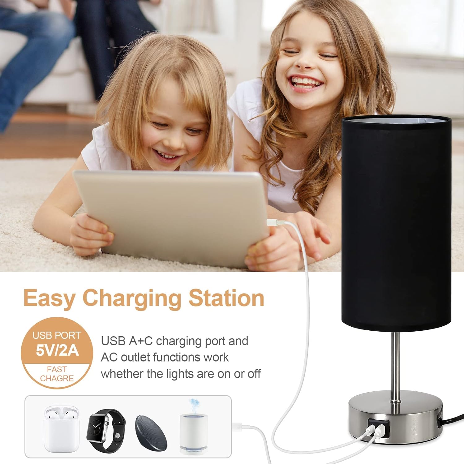Yarra-Decor Lámpara de noche mejorada con puertos de carga USB A+C y salida de CA, lámpara de mesa de control táctil para dormitorio, lámpara de