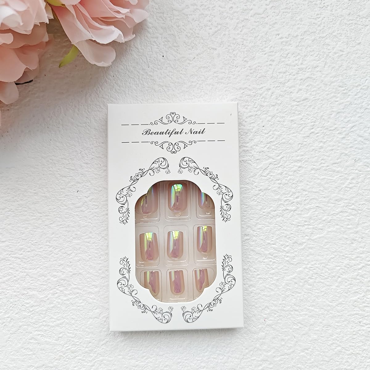 Rilafuvu Uñas postizas cortas a presión en polvo de perla, uñas postizas blancas, uñas acrílicas brillantes, uñas francesas de pegar, uñas postizas