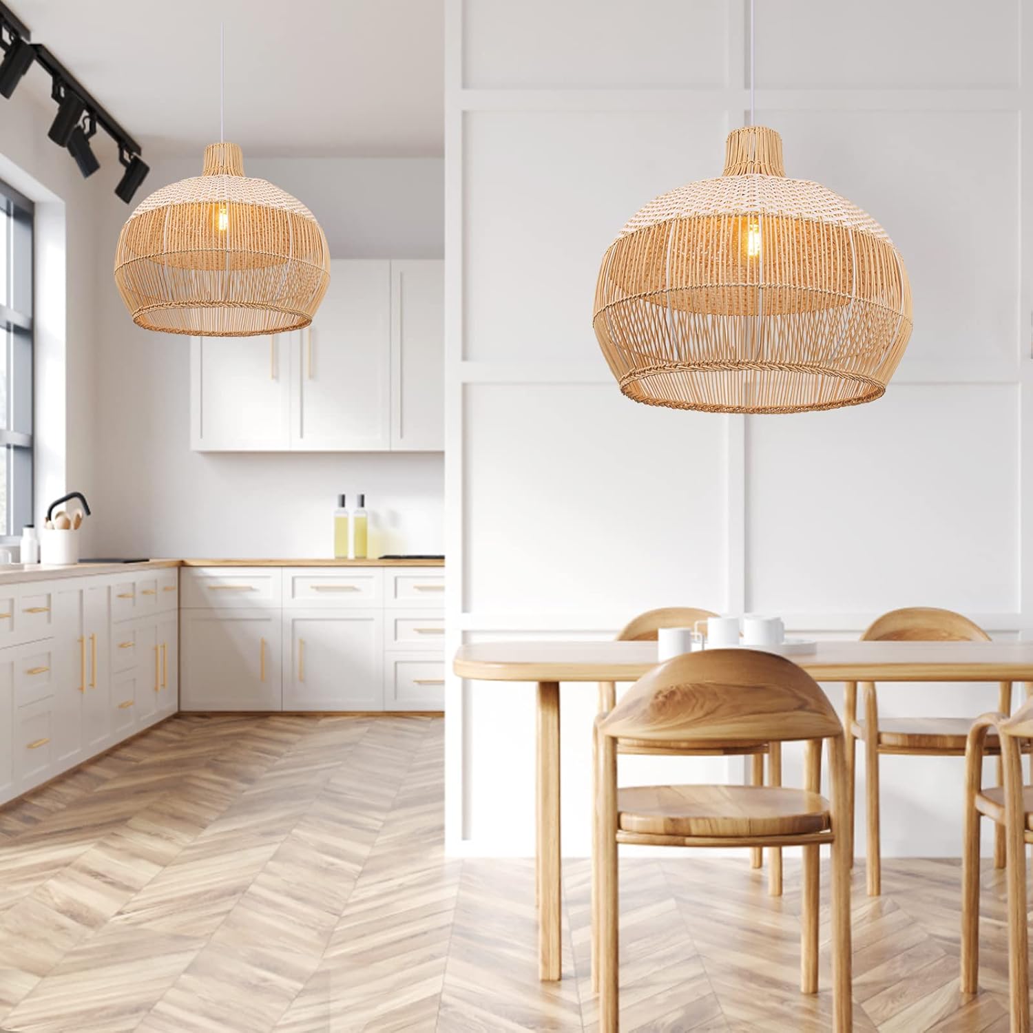 Arturesthome Lámpara colgante de ratán blanco para fregadero de isla de cocina, candelabro de mimbre, pantalla de techo colgante tejida a mano