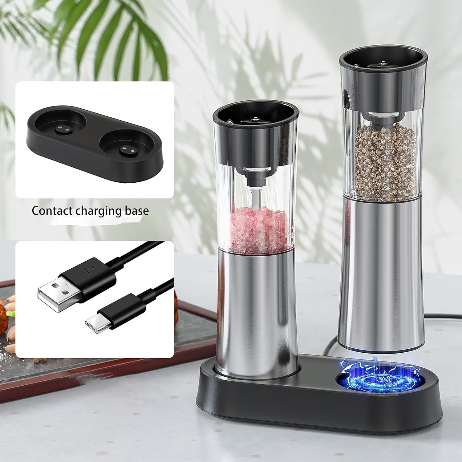 Juego de molinillo eléctrico de sal y pimienta con base de carga recargable USB, molinillo de pimienta eléctrico de inducción automática con grosor