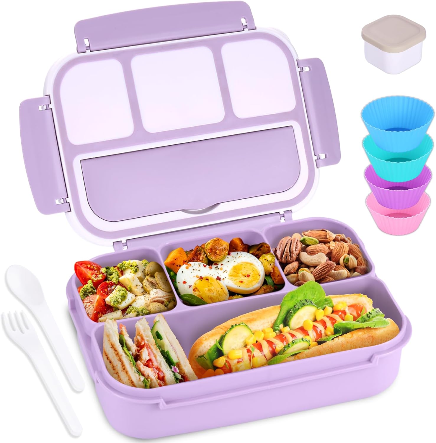 Bento Box – Lonchera para adultos, recipientes para niños y niñas con 4 compartimentos, contenedor de alimentos con utensilios, tarro de salsa,