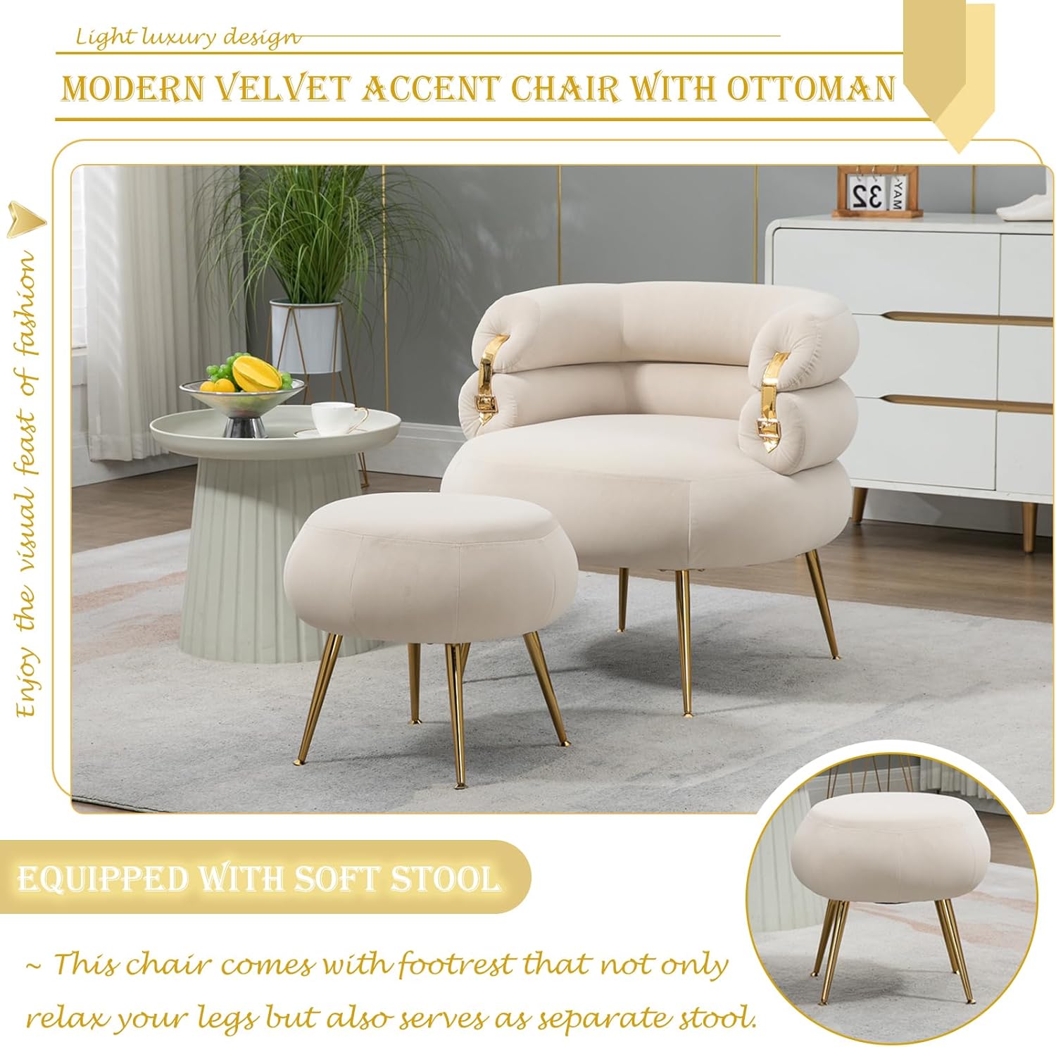 Silla decorativa de terciopelo con otomana, cómoda silla de barril tapizada, moderno sillón copetudo con respaldo único y patas de metal dorado para