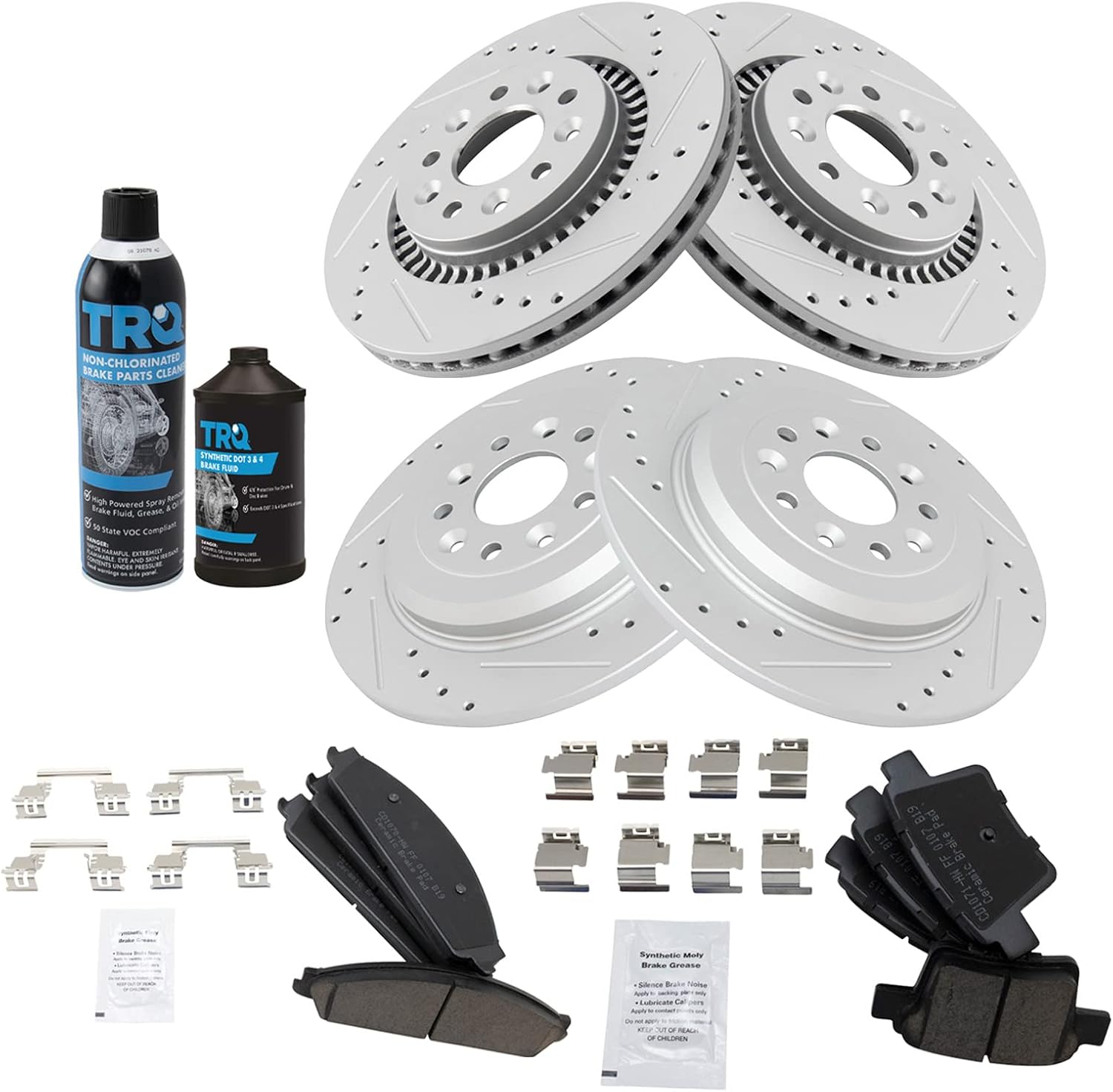 TRQ Pastilla de freno de cerámica delantera y trasera y kit de rotor de rendimiento con fluidos
