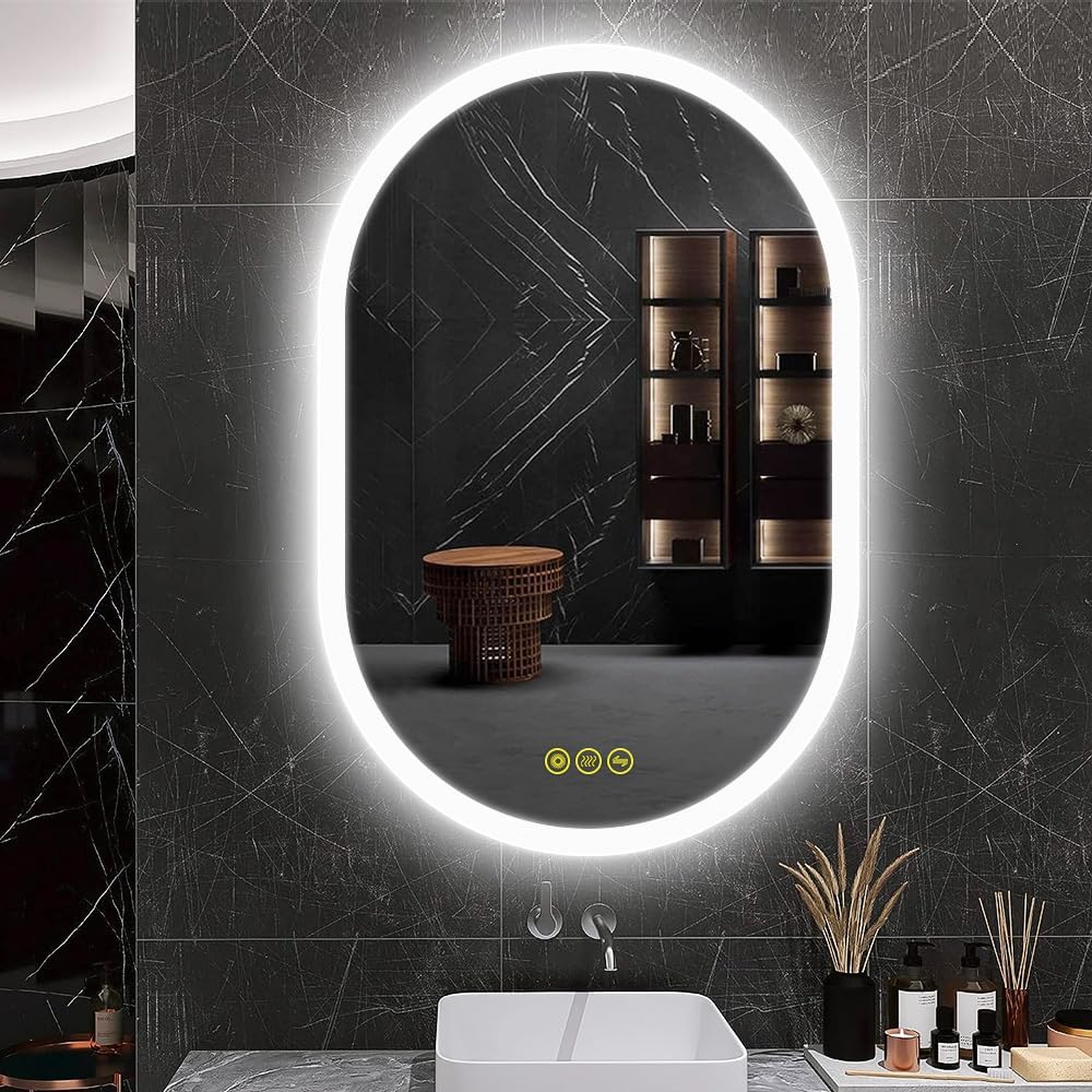 Espejo LED ovalado de baño de 24 x 36 pulgadas, espejo retroiluminado LED, tocador de baño con luces, 3 colores sin escalones, regulable,