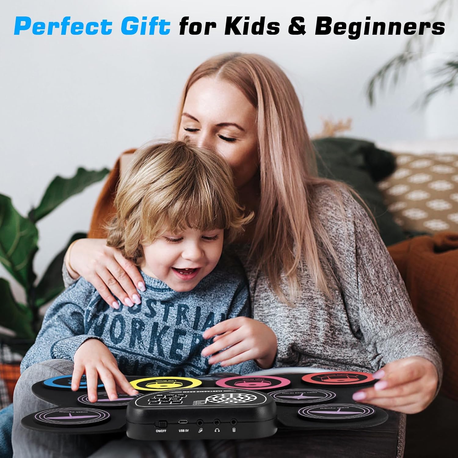 Anpro Juego de batería eléctrica, 9 almohadillas de batería con conector para auriculares, kit de batería electrónica enrollable con pedales de