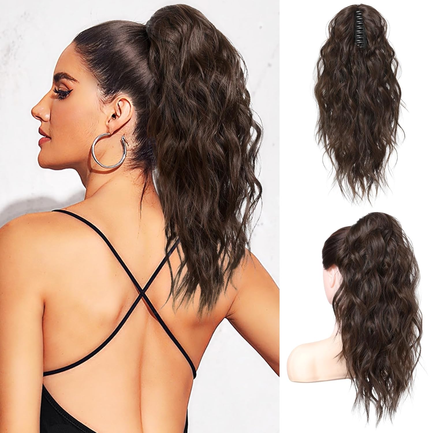 FLUFYMOOZ Extensión de cola de caballo, extensión de cola de caballo con clip de garra de 18 pulgadas, extensiones de cabello ondulado y rizado con