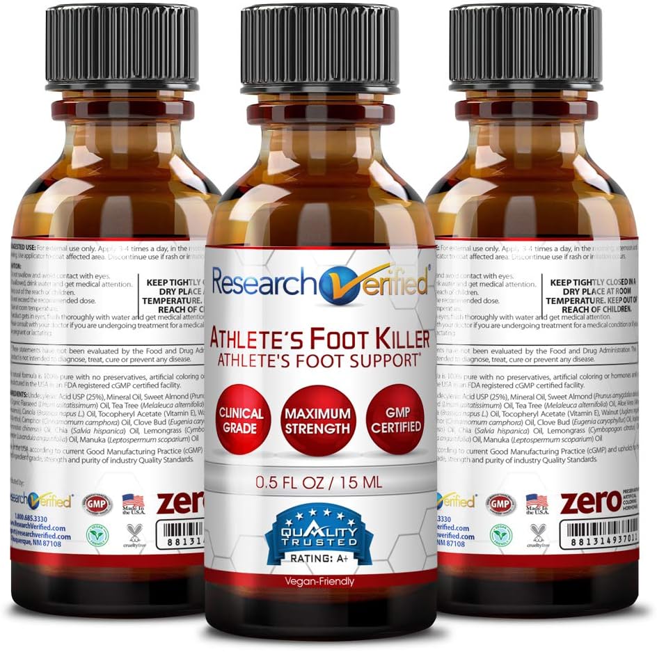 Research Verified Athlete’s Foot Killer – Alivio de pie de atleta superior – 25% ácido undecilénico y aceite de árbol de té. Reduce la duración,